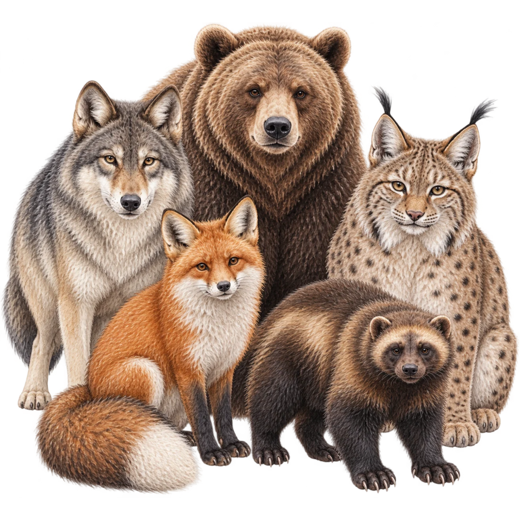 Watercolor bears, wolves, coyotes, lynx, bobcats, wild cats, and other forest predators from the Frog Punk Studio animal collection.