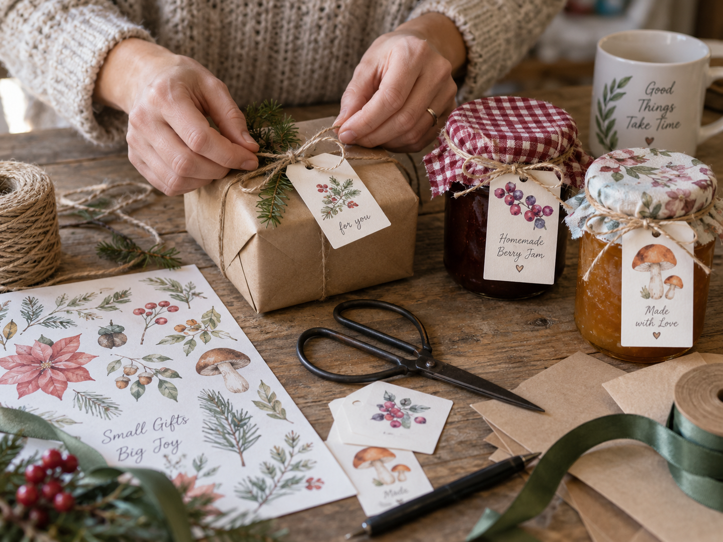 Hands wrapping homemade gifts with watercolor gift tags beside jam jars, twine, scissors, ribbon, and seasonal craft supplies.