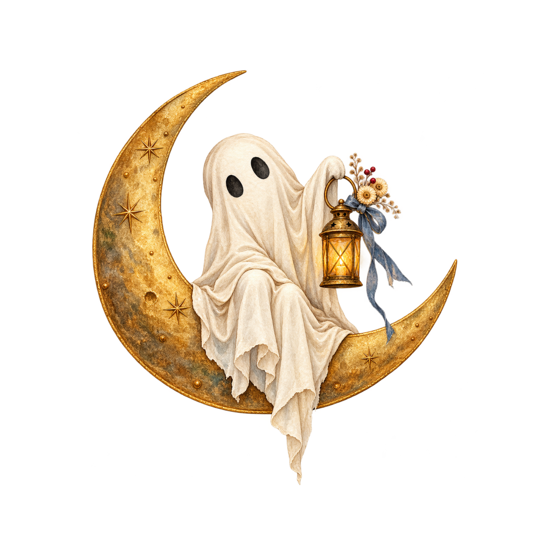 Shabby chic watercolor ghost seated on crescent moon with lantern, soft ivory fabric, flowers, and vintage details
