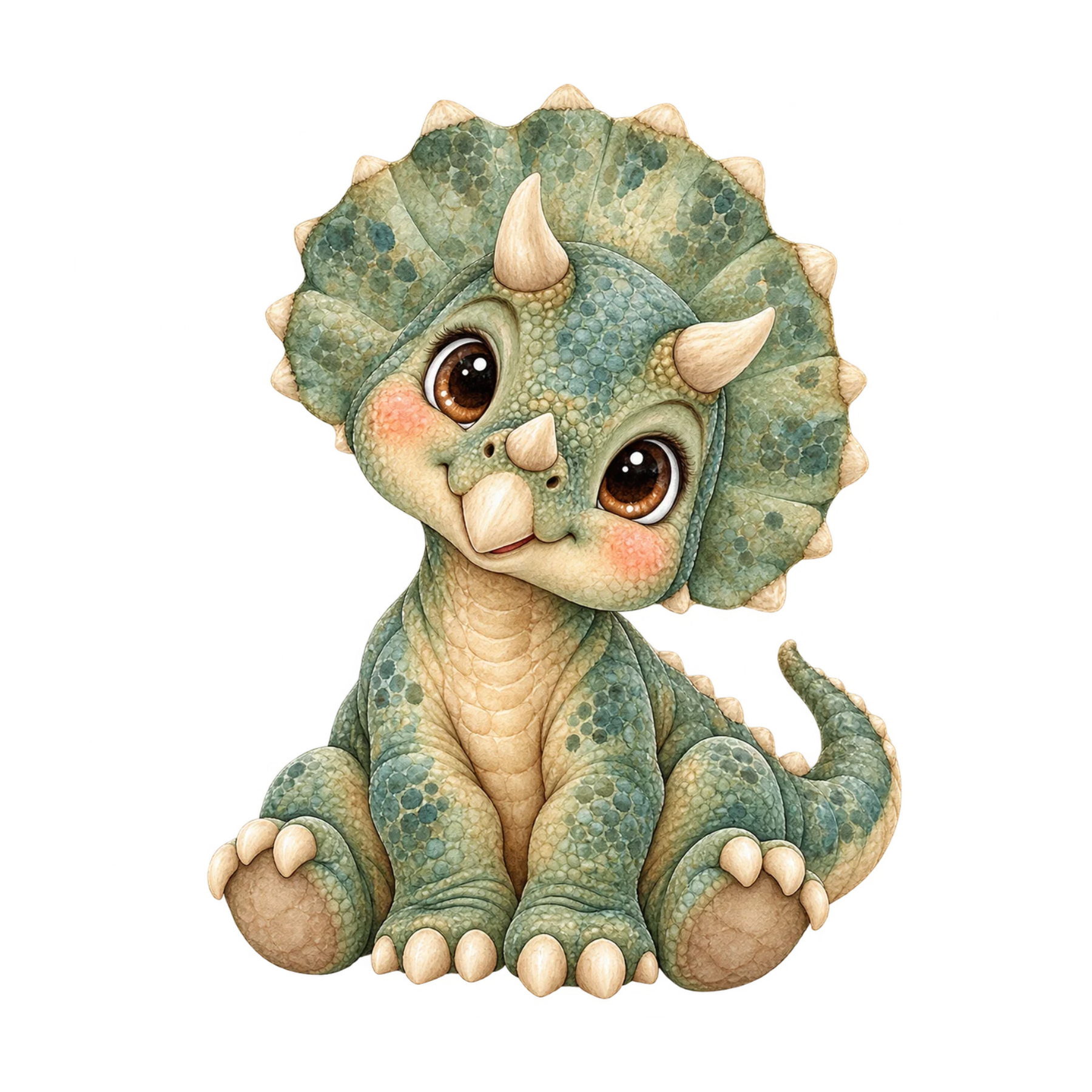 Cute baby dinosaur watercolor clipart collection featuring adorable colorful prehistoric dinosaurs with big expressive eyes in a whimsical storybook style.
