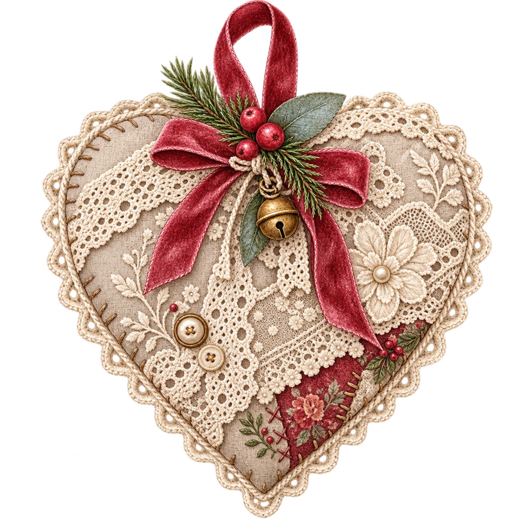 Vintage lace Christmas heart ornament with cranberry velvet ribbon, greenery, berries, and antique-style details