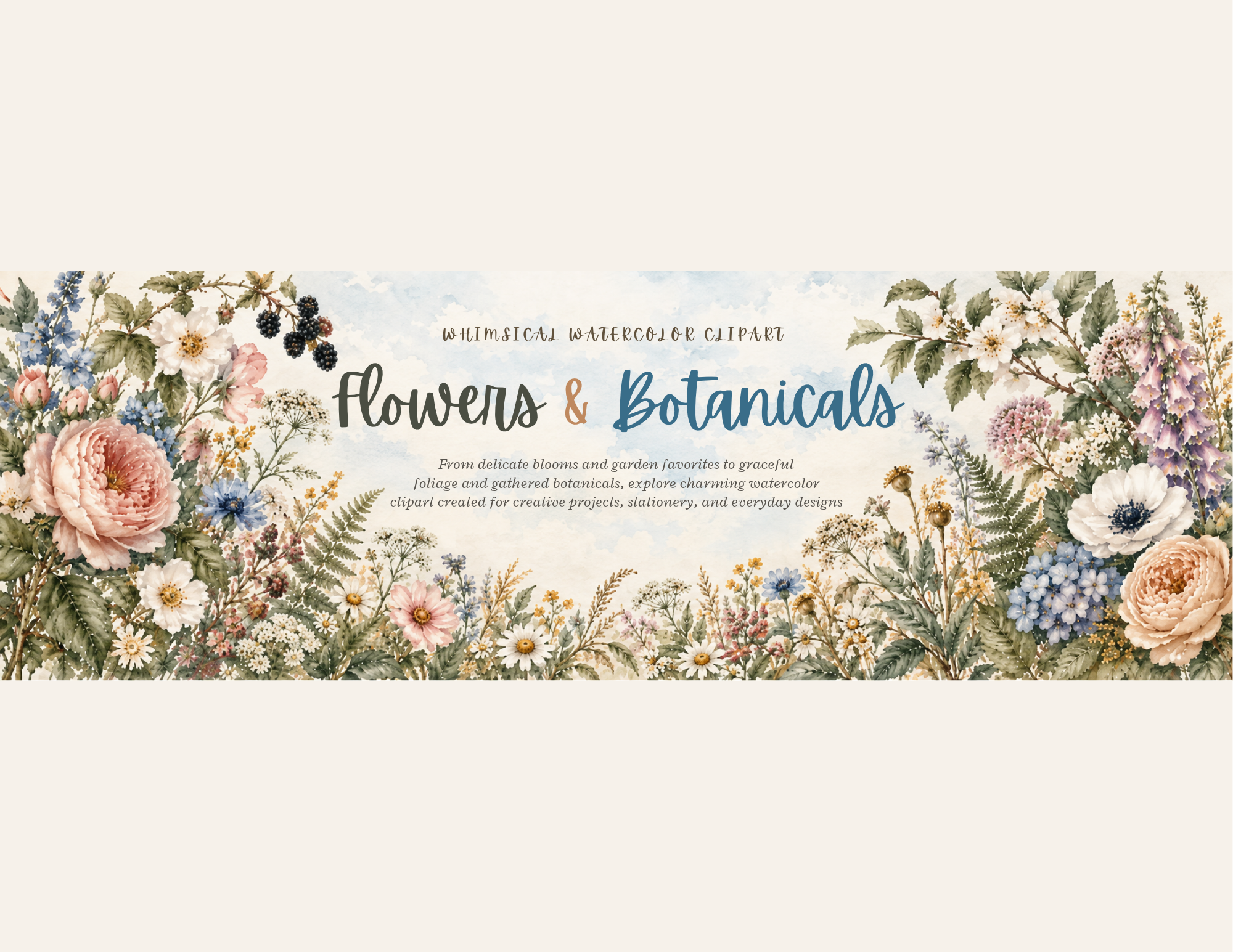 Flowers and botanical watercolor clipart collection featuring garden flowers, foliage and greenery by Frog Punk Studio