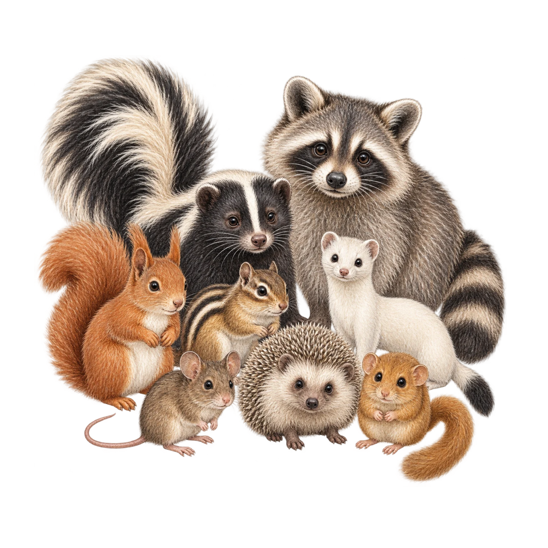 Watercolor raccoons, squirrels, rabbits, hedgehogs, otters, and other woodland animals from the Frog Punk Studio animal collection.
