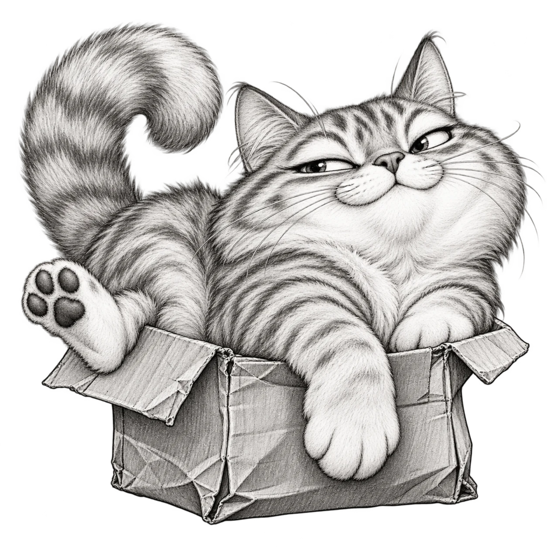 Black and white hand-drawn chubby tabby cat lounging mischievously inside a cardboard box.