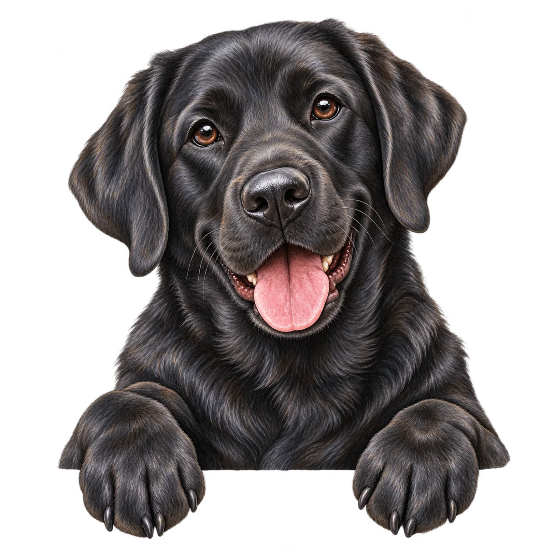 Black Labrador Retriever peeking forward with paws visible and a happy expression.