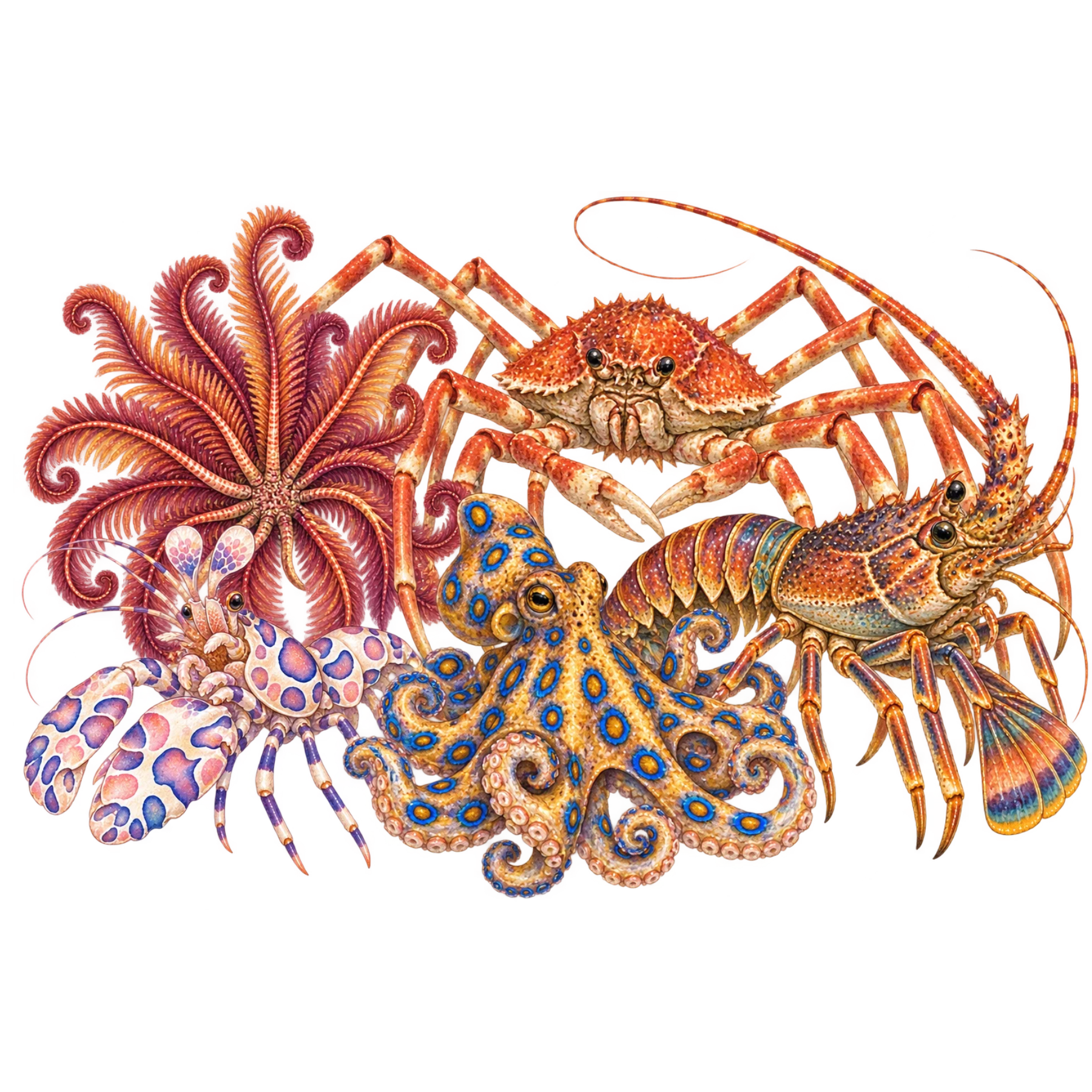 Watercolor octopus, crab, lobster, shrimp and colorful marine invertebrates in whimsical Frog Punk Studio style.