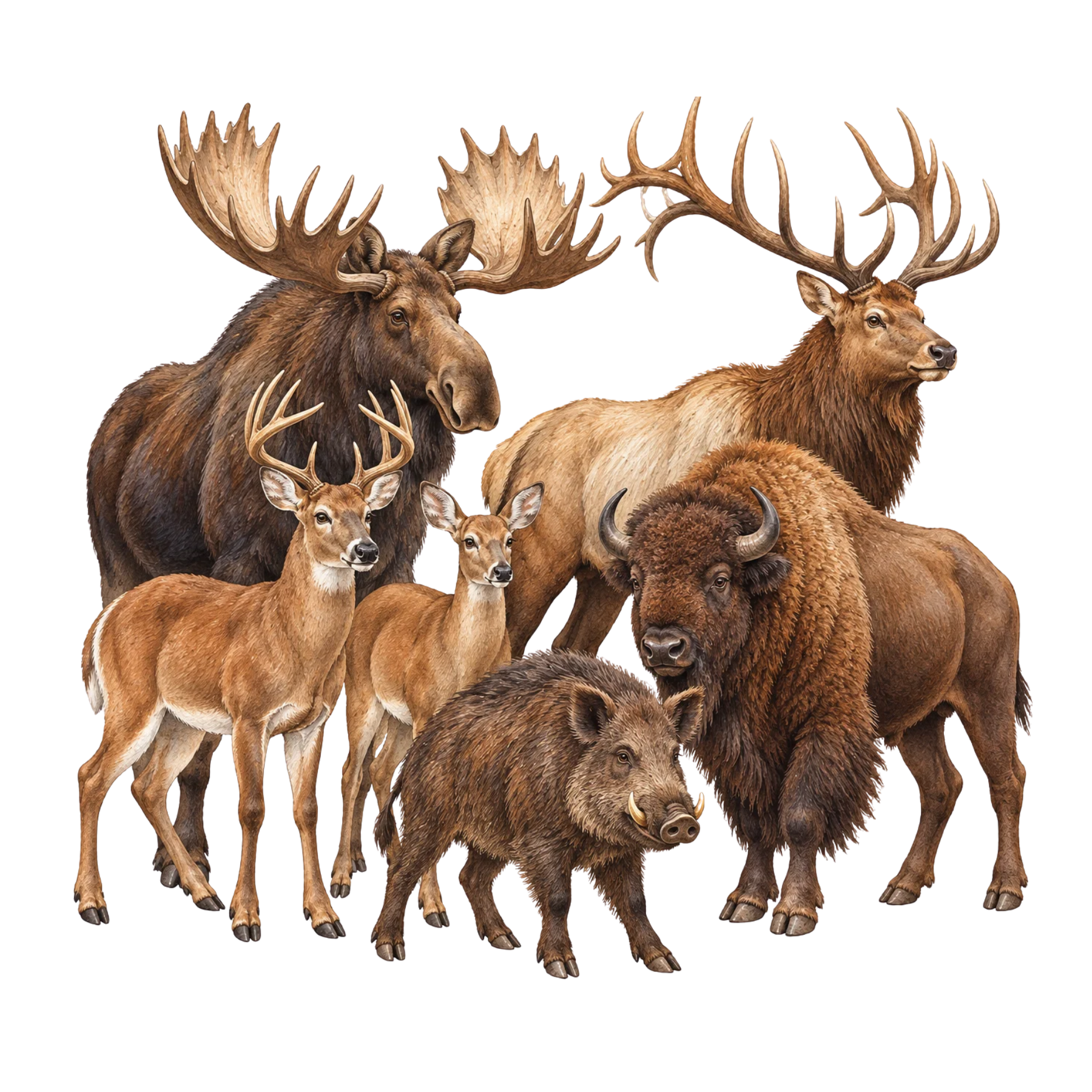 Watercolor deer, elk, moose, bison, wild boar, and other large forest animals from the Frog Punk Studio animal collection.