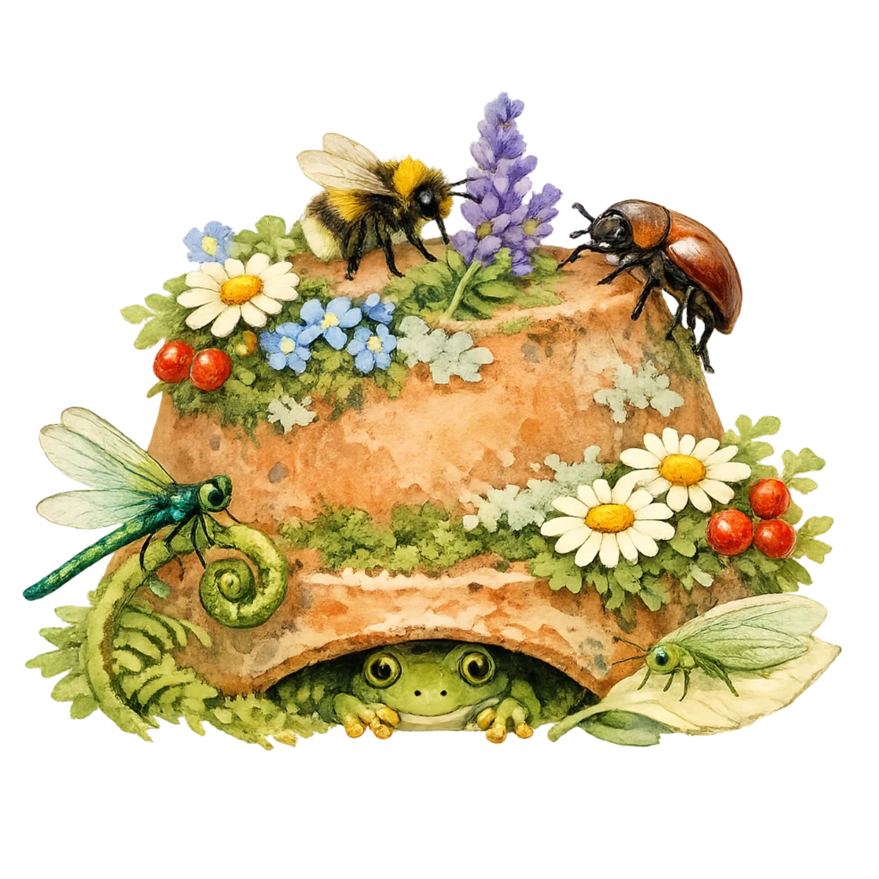 Watercolor insect clipart collection featuring bees, beetles, dragonflies, mantises, ladybugs, cicadas, lacewings, and other garden and woodland insects with botanical accents on transparent backgrounds.