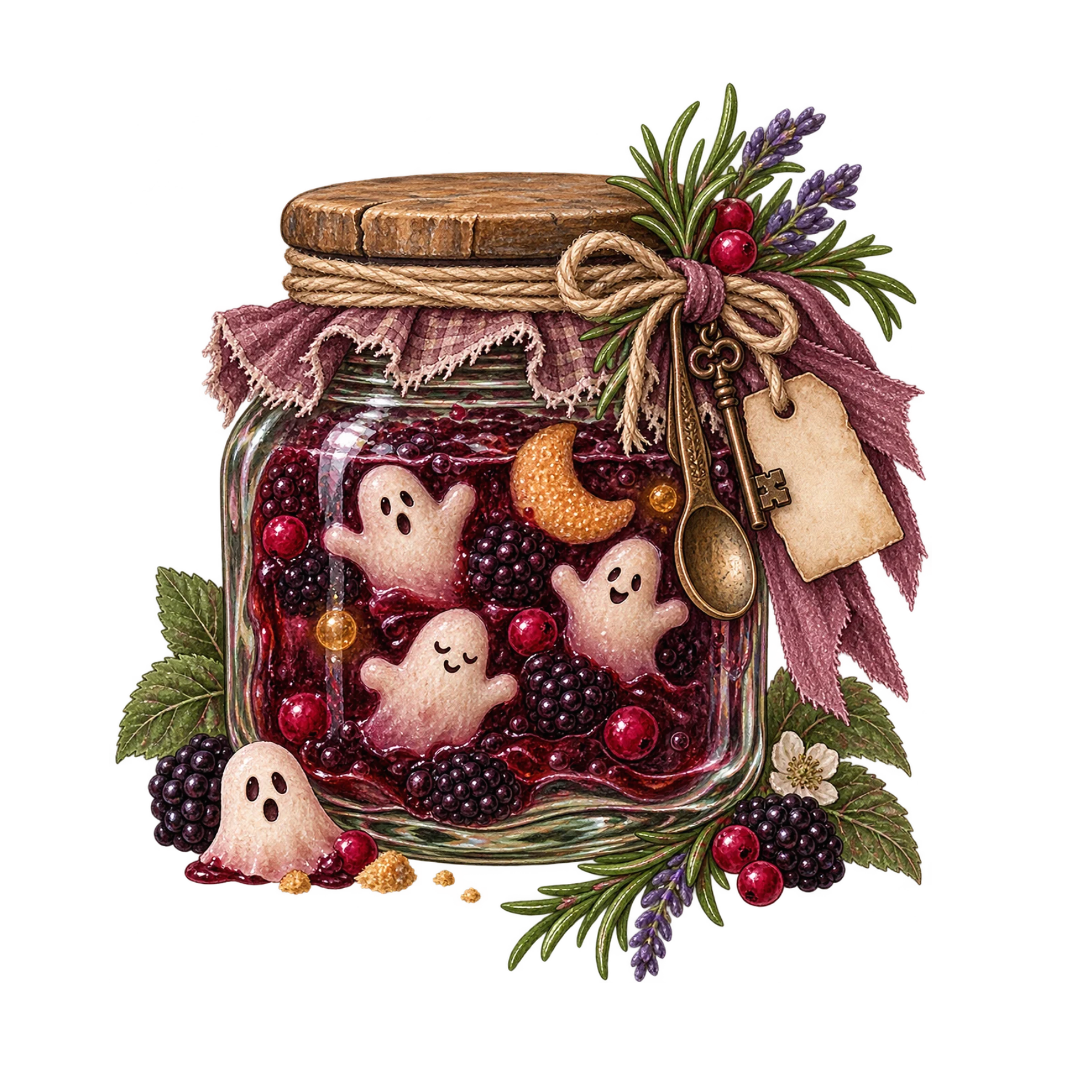 Watercolor witchy kitchen jar filled with tiny ghost treats, berries, herbs, ribbon, and whimsical Halloween ingredients