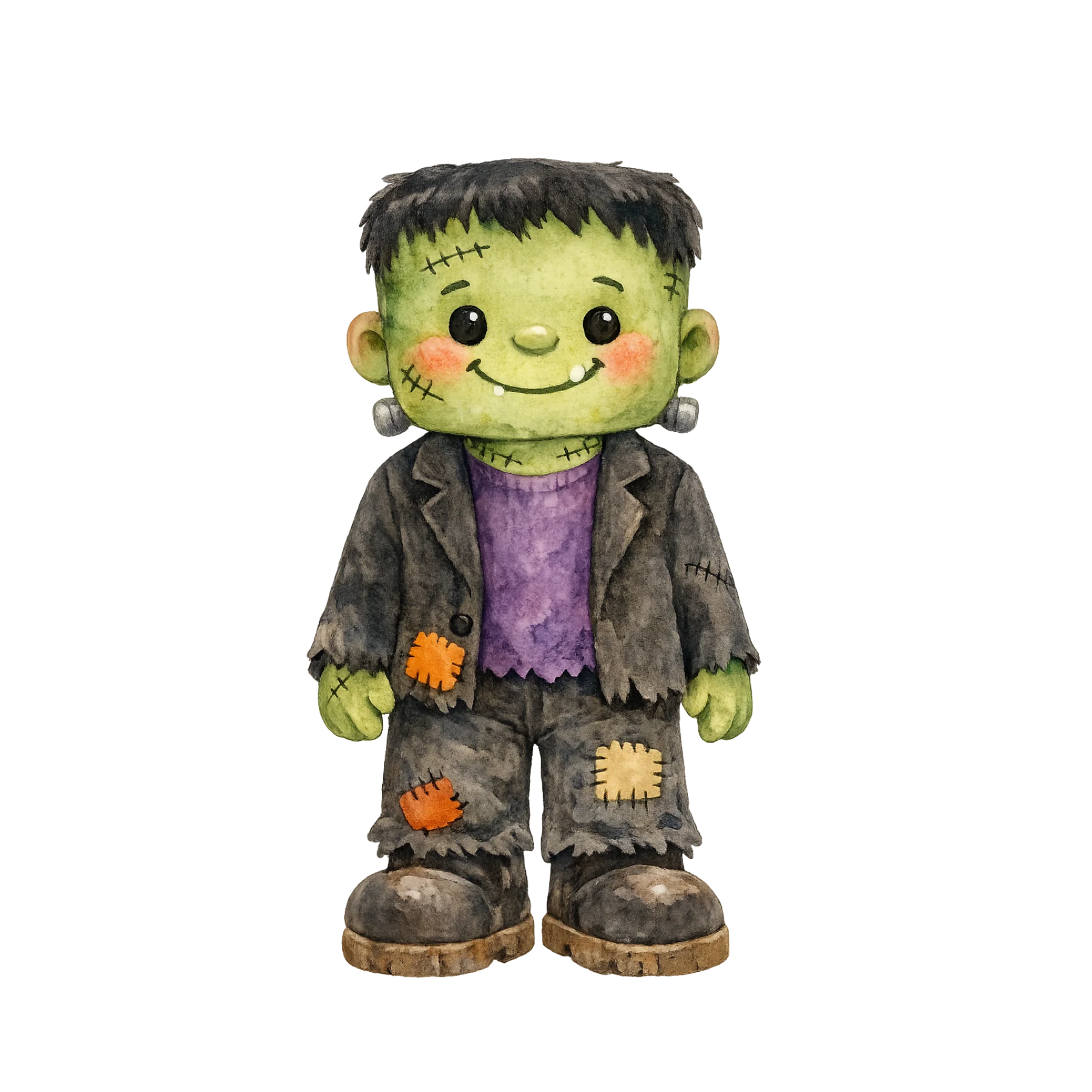 Cute watercolor Frankenstein-style Halloween character with green face, patched clothing, and whimsical spooky-season details