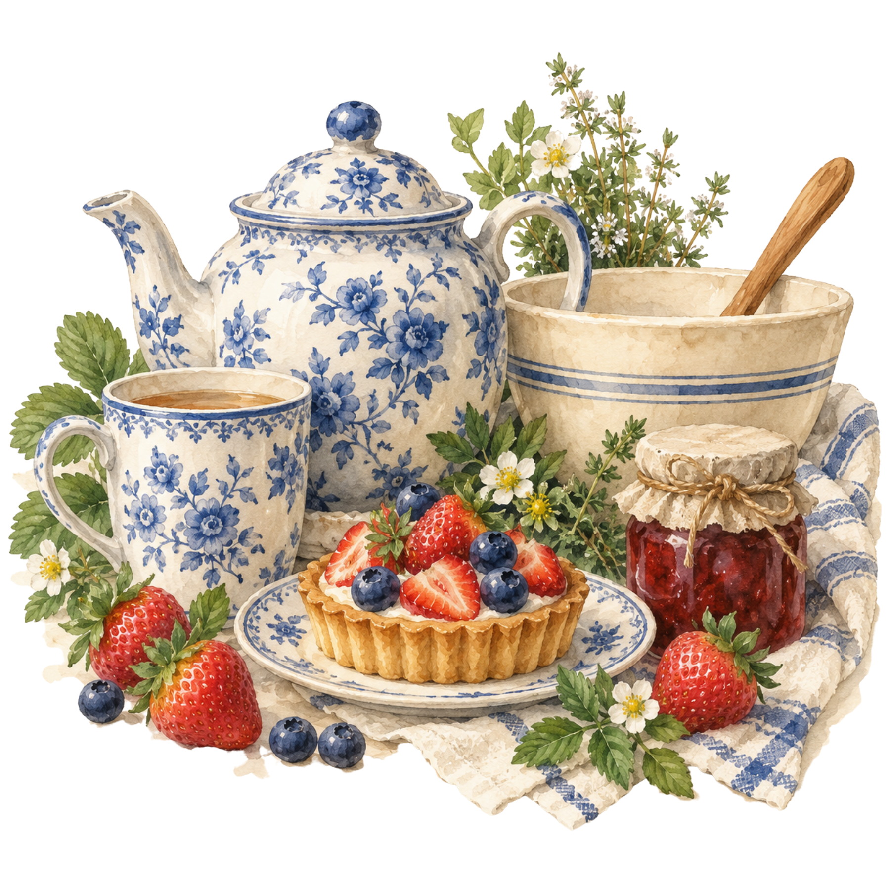 Watercolor cottage kitchen still life with baked goods, fruit, herbs, preserves, ceramic kitchenware and vintage utensils by Frog Punk Studio.