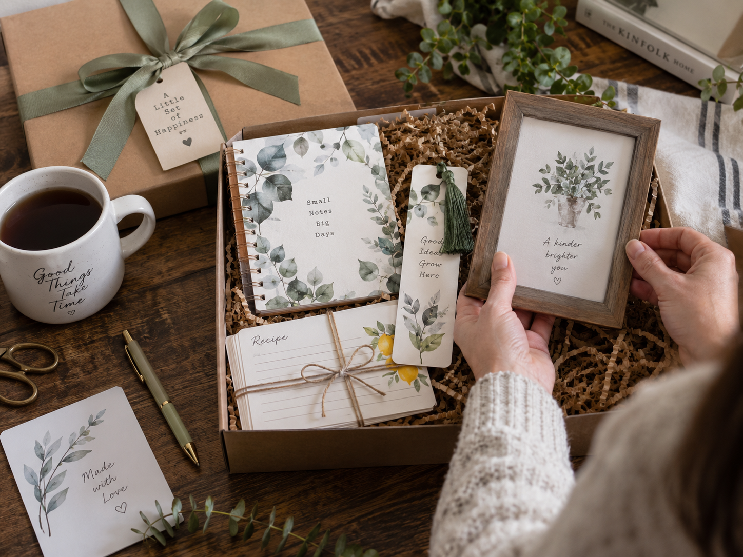 Handmade gift box filled with watercolor stationery, recipe cards, a botanical notebook, bookmark, and framed printable art on a cozy wooden table.