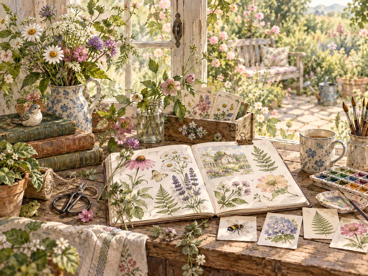 Sunlit watercolor artist workspace overlooking a cottage garden, with botanical sketches, flowers, vintage books, paintbrushes, and an open inspiration journal.