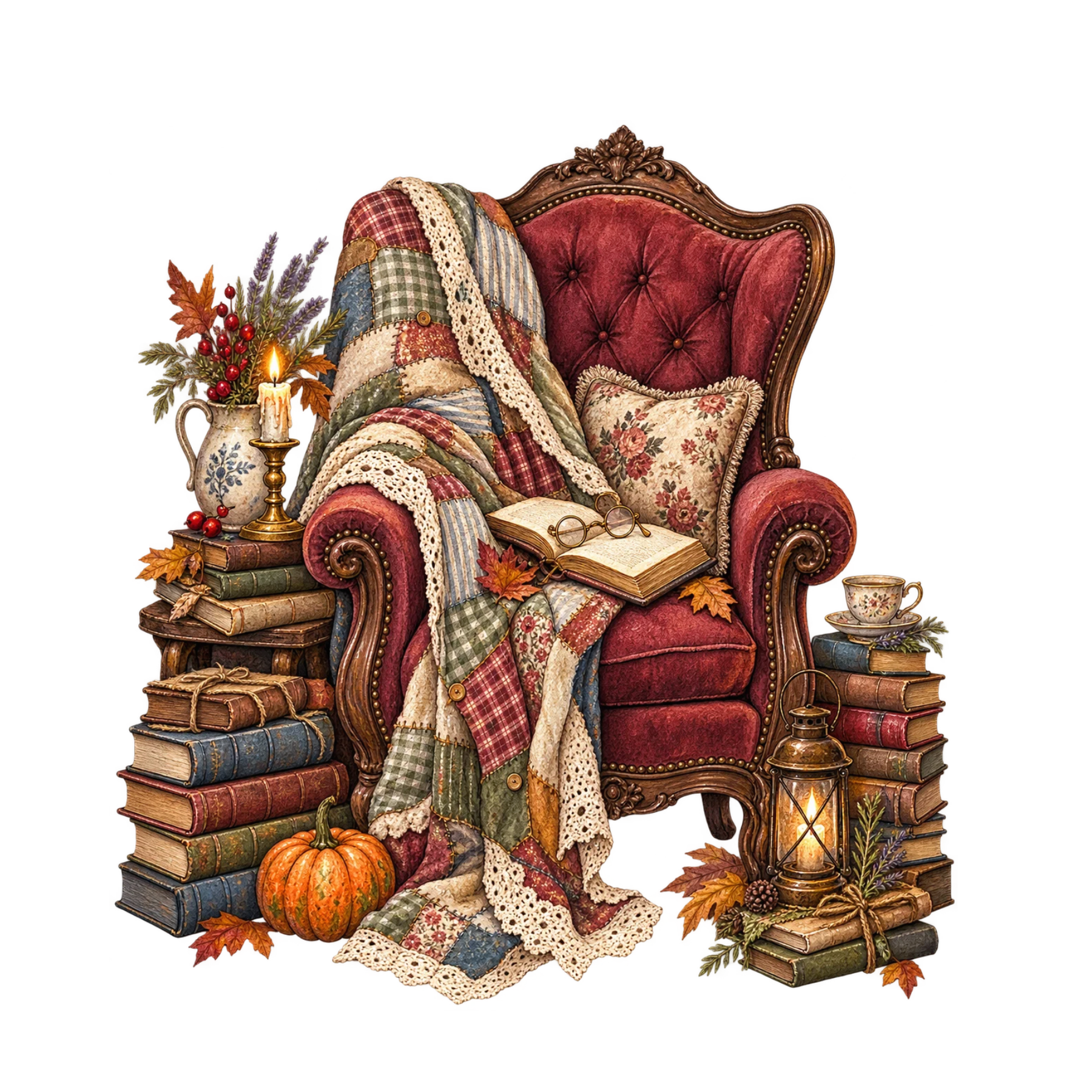 Watercolor witchy library chair with antique books, patchwork quilt, pumpkins, lantern, and cozy vintage details