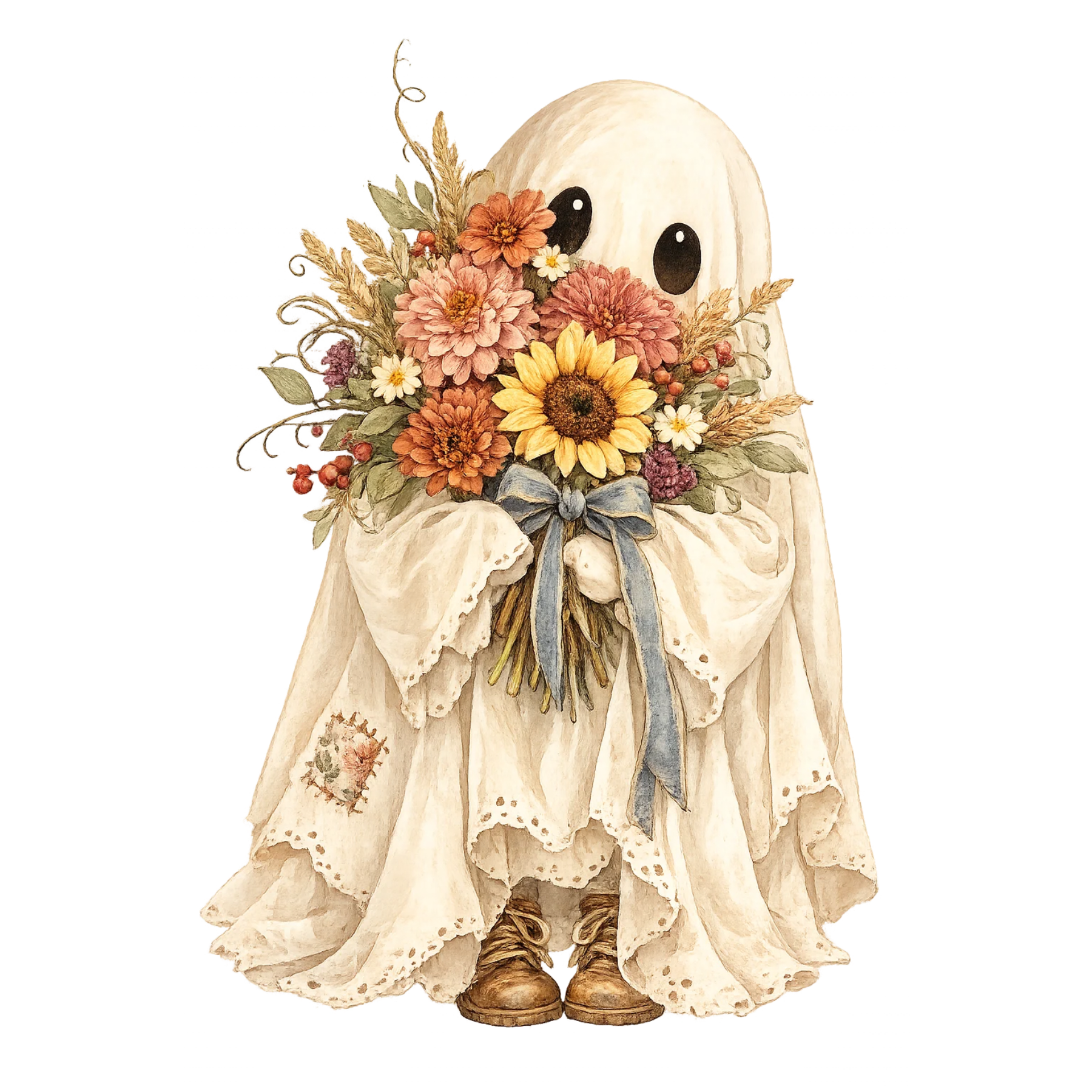 Shabby chic watercolor ghost with antique ivory fabric, lace trim, floral details, ribbon, and soft vintage Halloween styling
