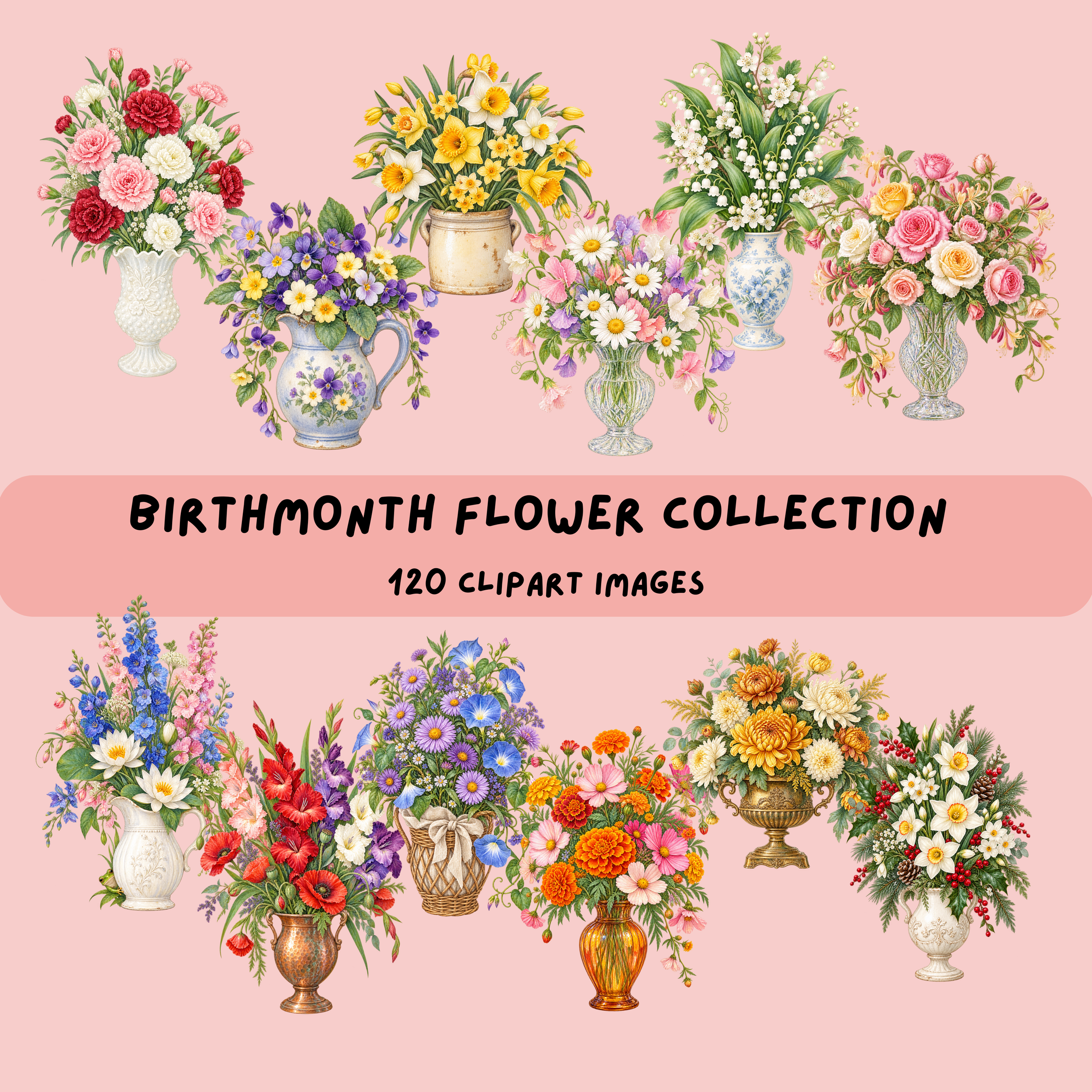 Watercolor birth month flower clipart collection featuring colorful floral bouquets by Frog Punk Studio