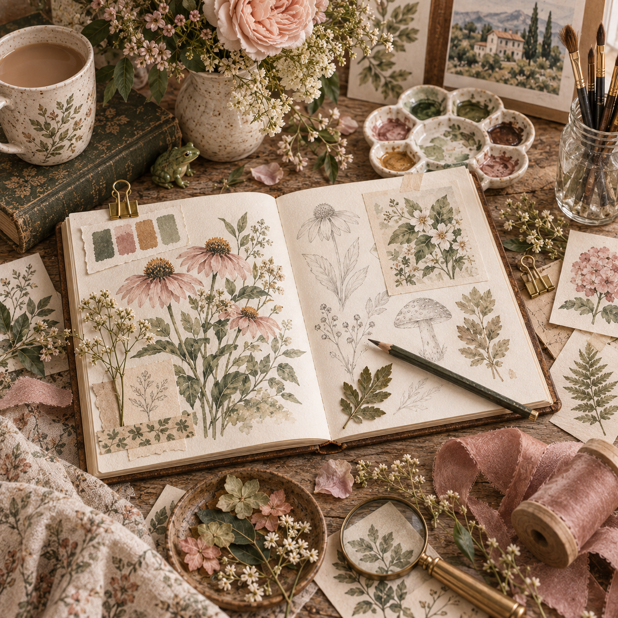 A studio-style image with sketchbook pages, brushes, color swatches, botanical references, and a very subtle frog tucked into the scene.