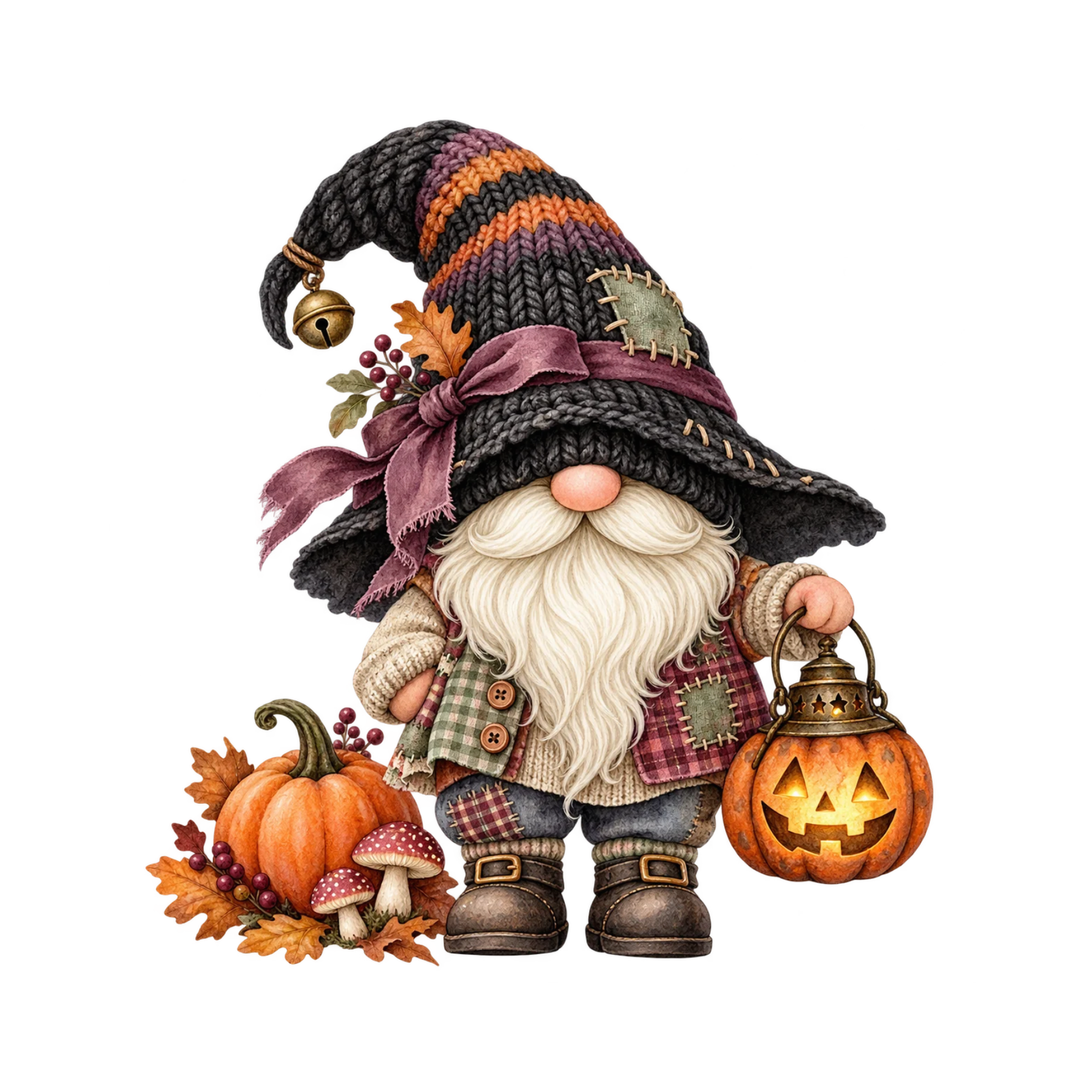 Watercolor Halloween gnome with patchwork witch hat, pumpkin lantern, autumn leaves, and cozy vintage details