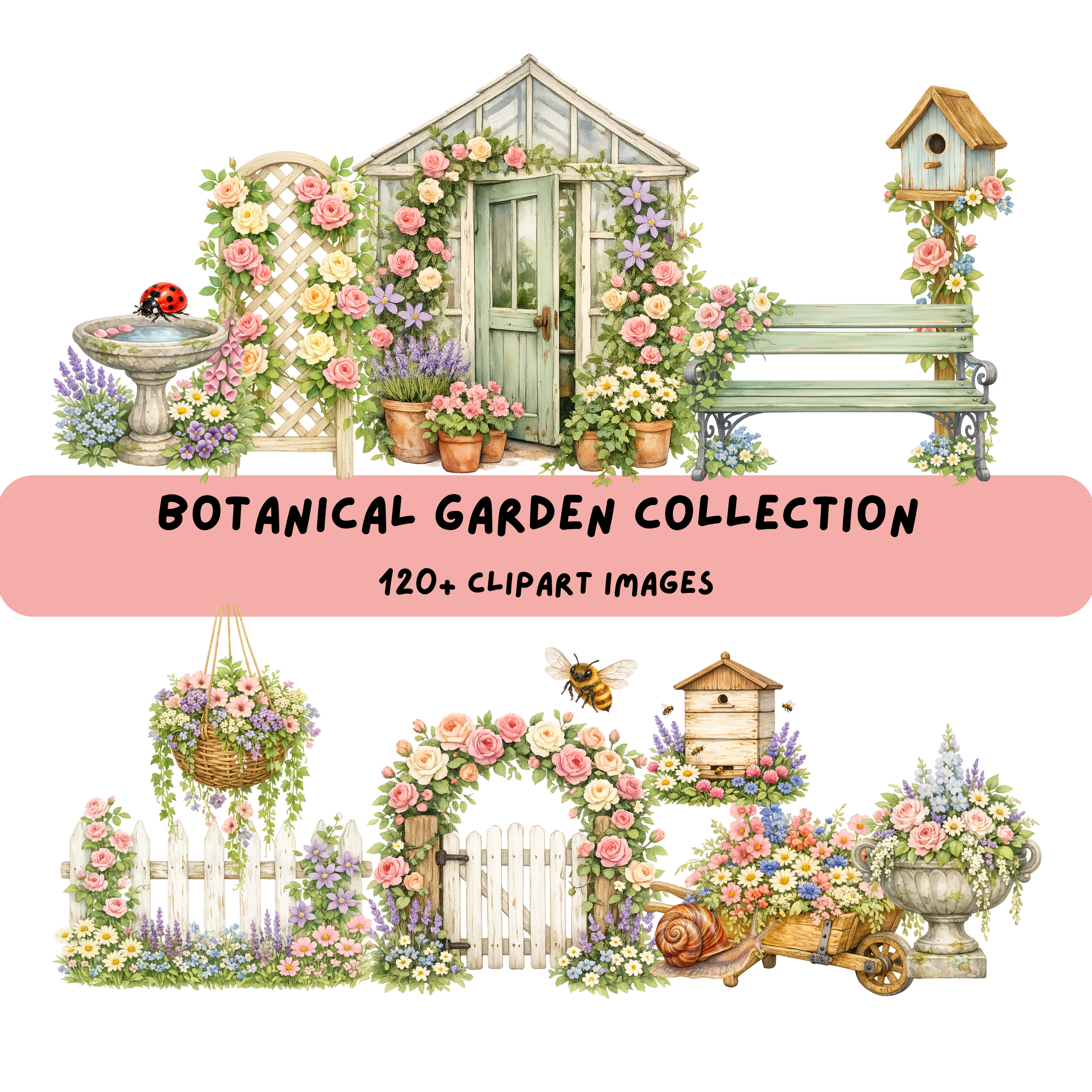 Watercolor botanical garden clipart collection featuring flowers, greenhouse, birdbath and garden scenes by Frog Punk Studio