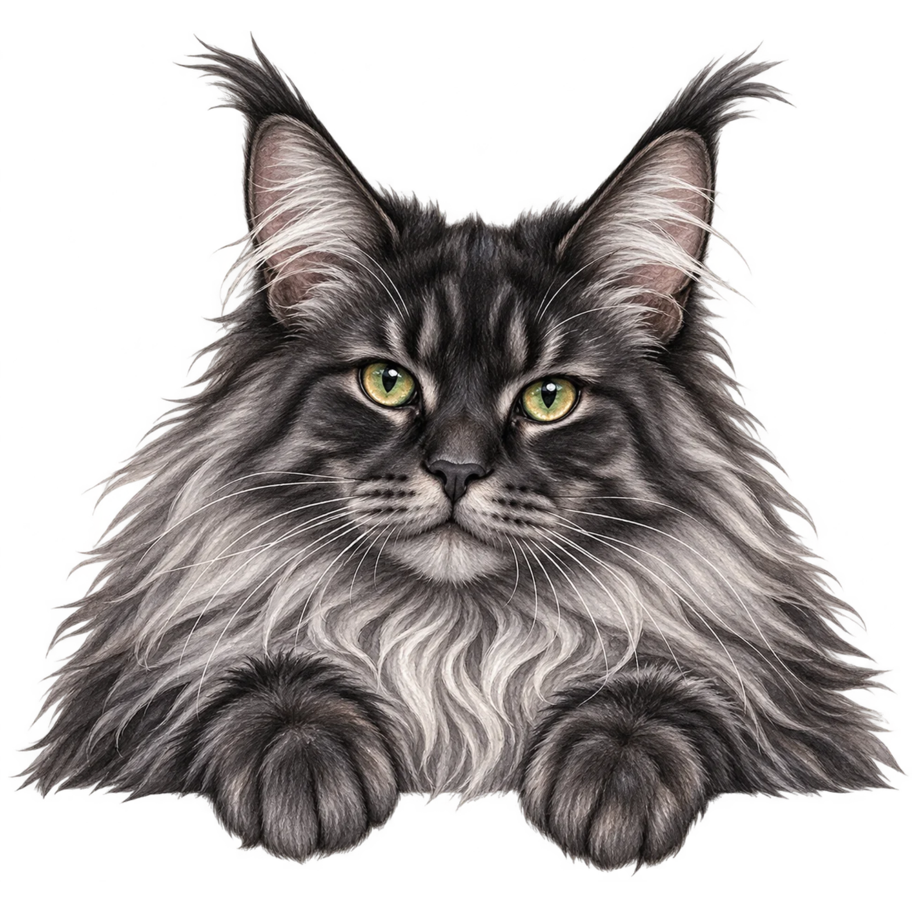 Fluffy dark Maine Coon cat peeking forward with long fur and green eyes.