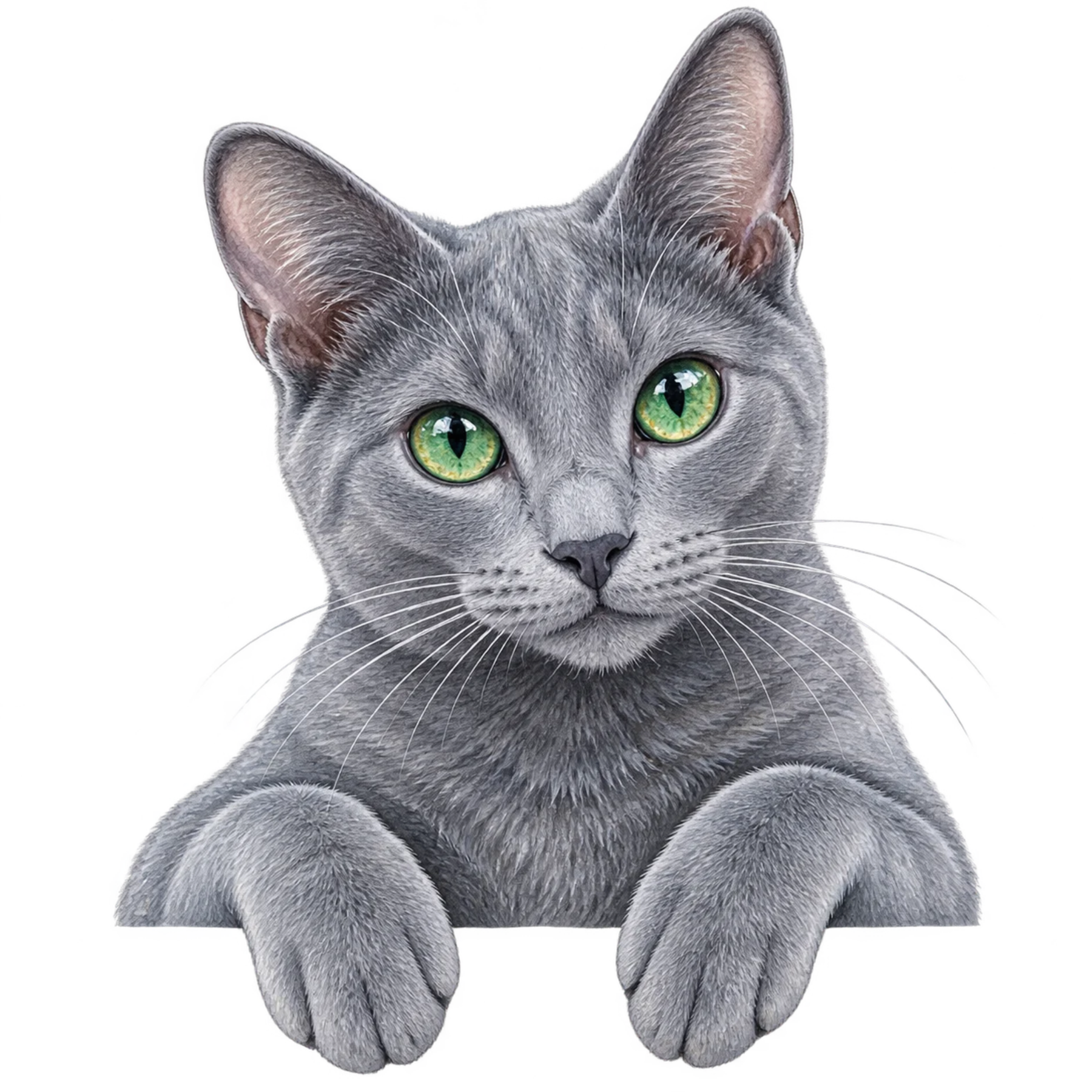 Sleek gray short-haired cat peeking forward with green eyes in detailed watercolor style.