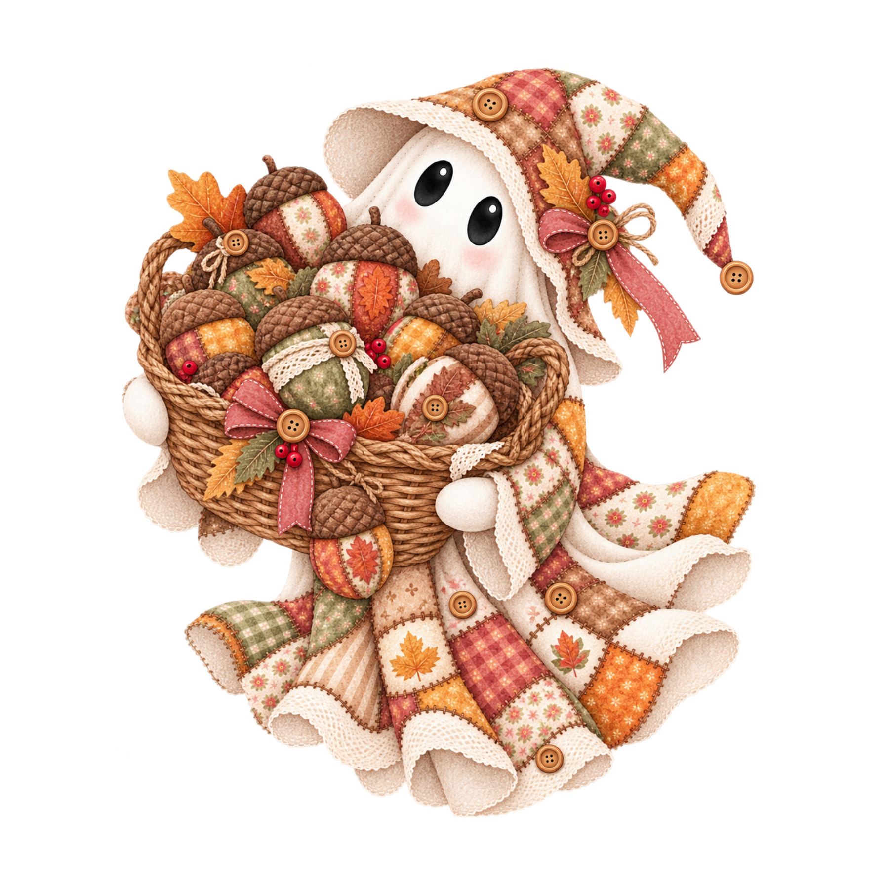 Watercolor patchwork fall ghost holding autumn decorations with stitched fabrics, pumpkins, and cozy seasonal details