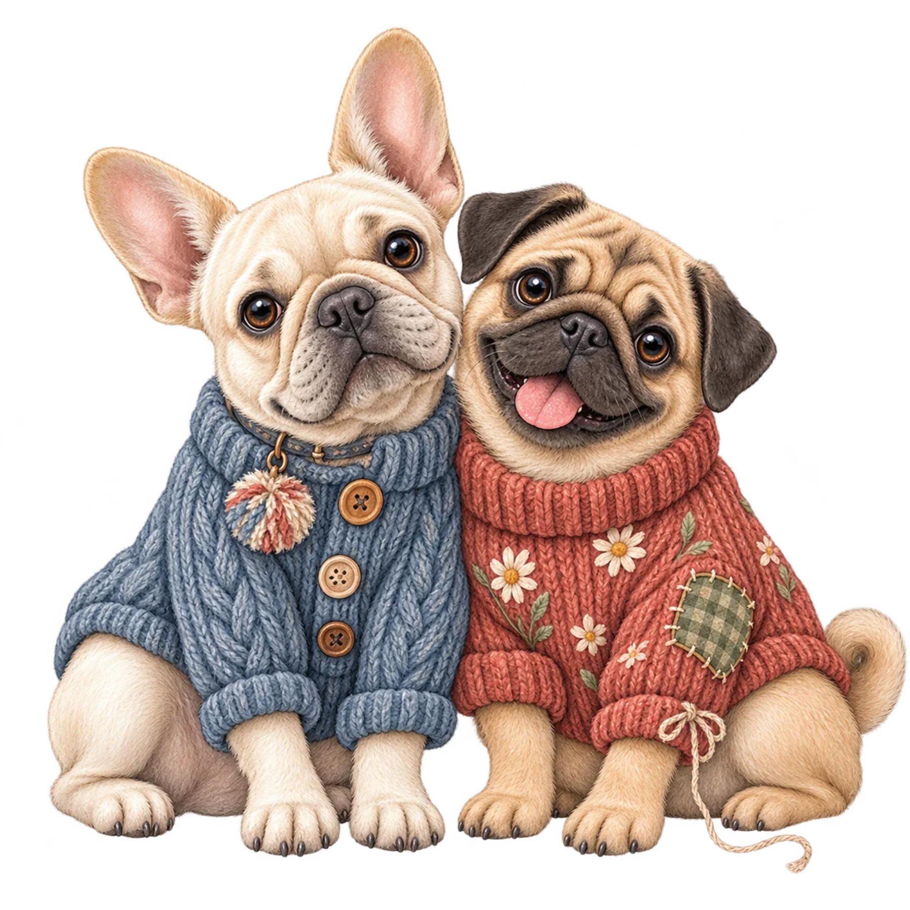 French Bulldog and Pug sitting together in colorful knitted sweaters in a whimsical watercolor style.