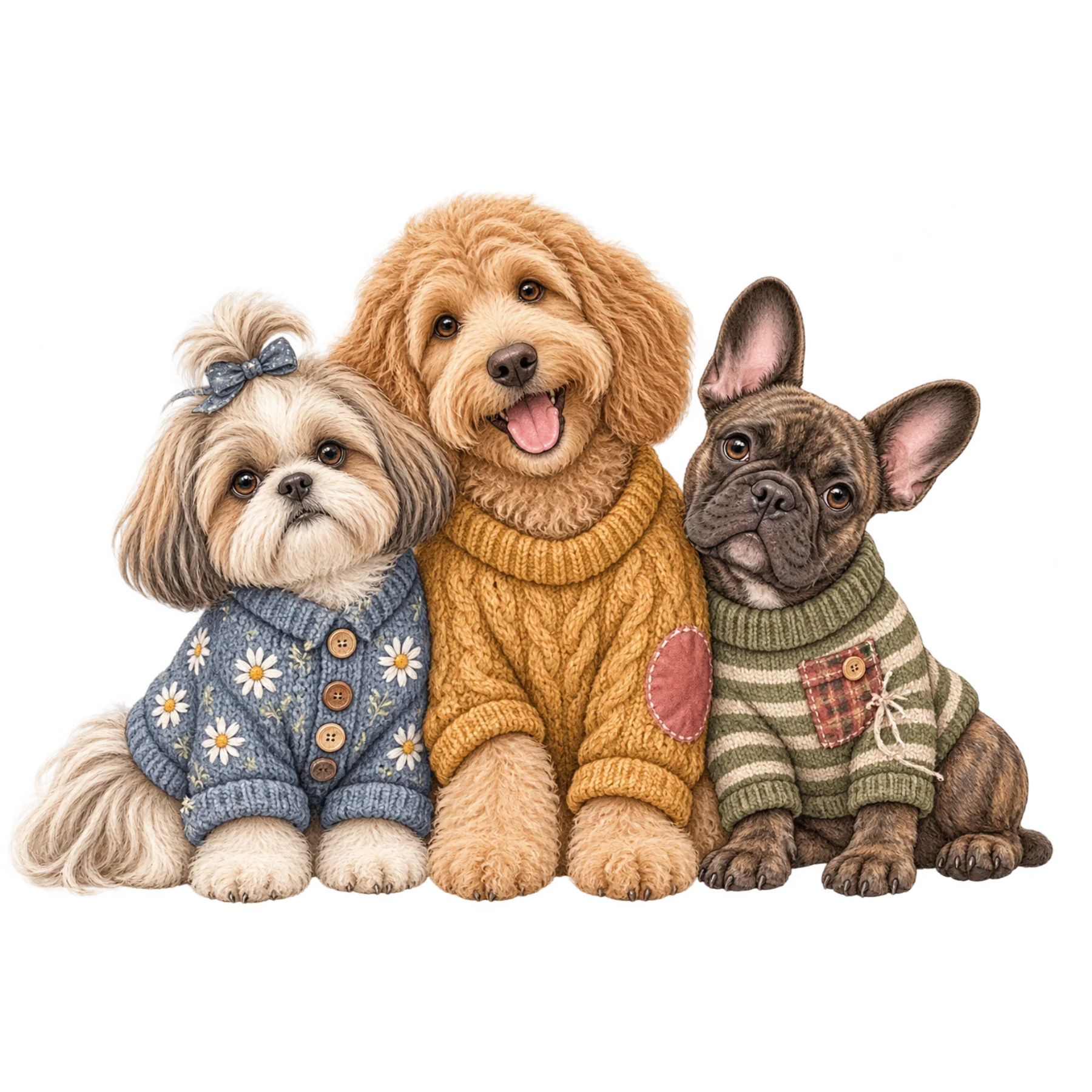 Three whimsical watercolor dogs in colorful knitted sweaters sitting together as friends.