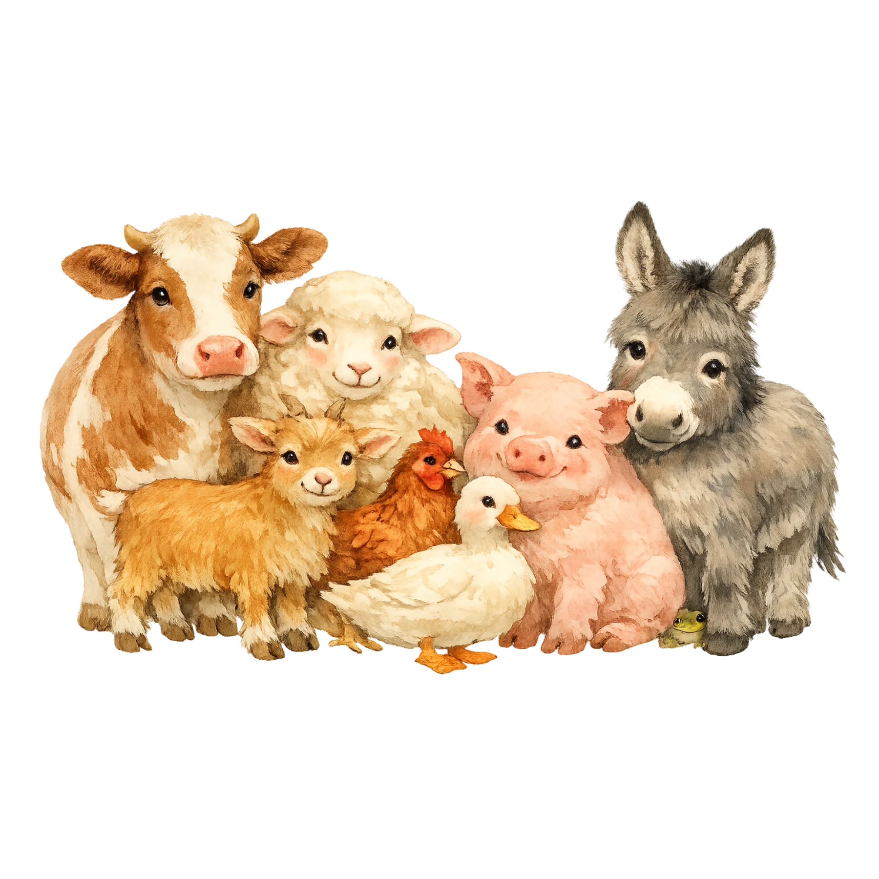 Whimsical watercolor farm animals clipart collection with cows, horses, pigs, sheep, goats, chickens, ducks, bison, baby animals, barns, and rustic farmhouse elements on transparent backgrounds.