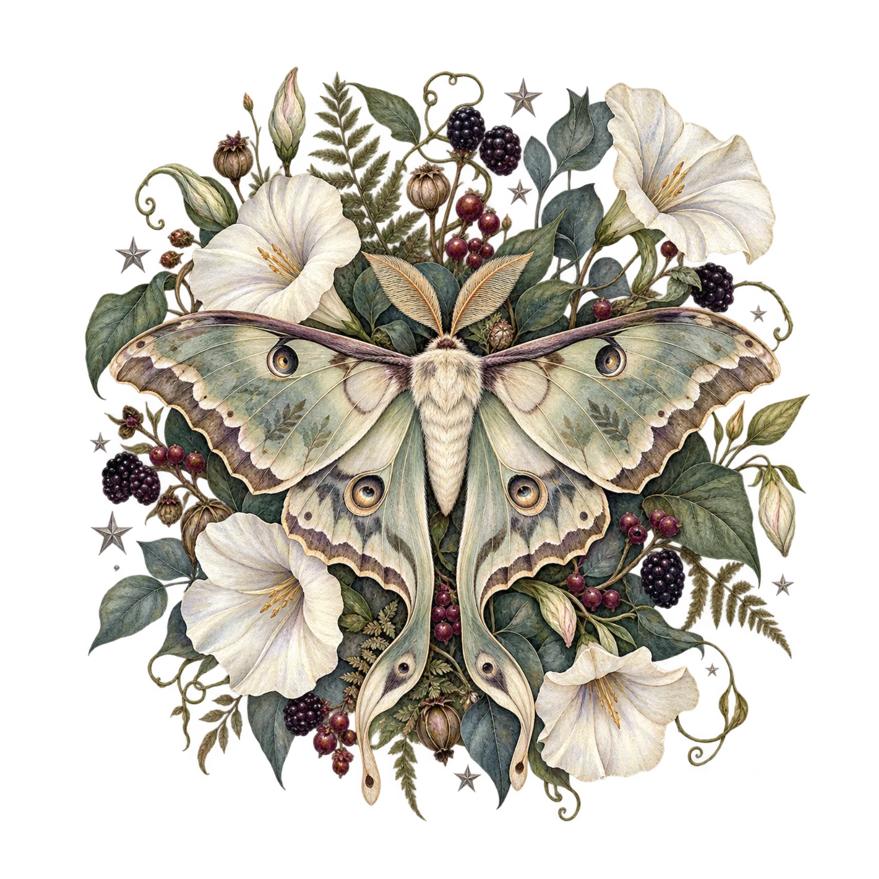 Watercolor Halloween night garden moth surrounded by flowers, berries, foliage, and magical botanical details