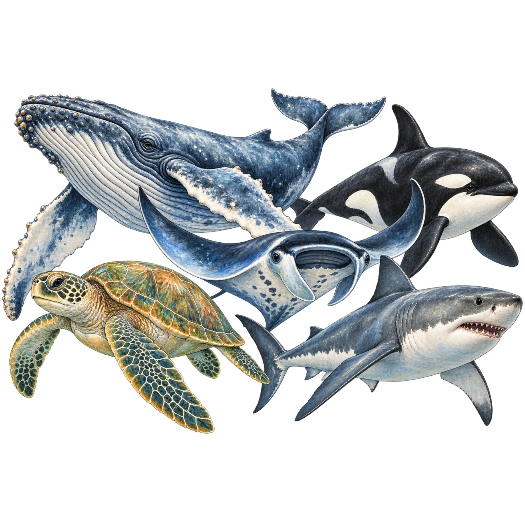 Watercolor large ocean animals including whale, orca, manta ray, sea turtle and shark in whimsical Frog Punk Studio style.