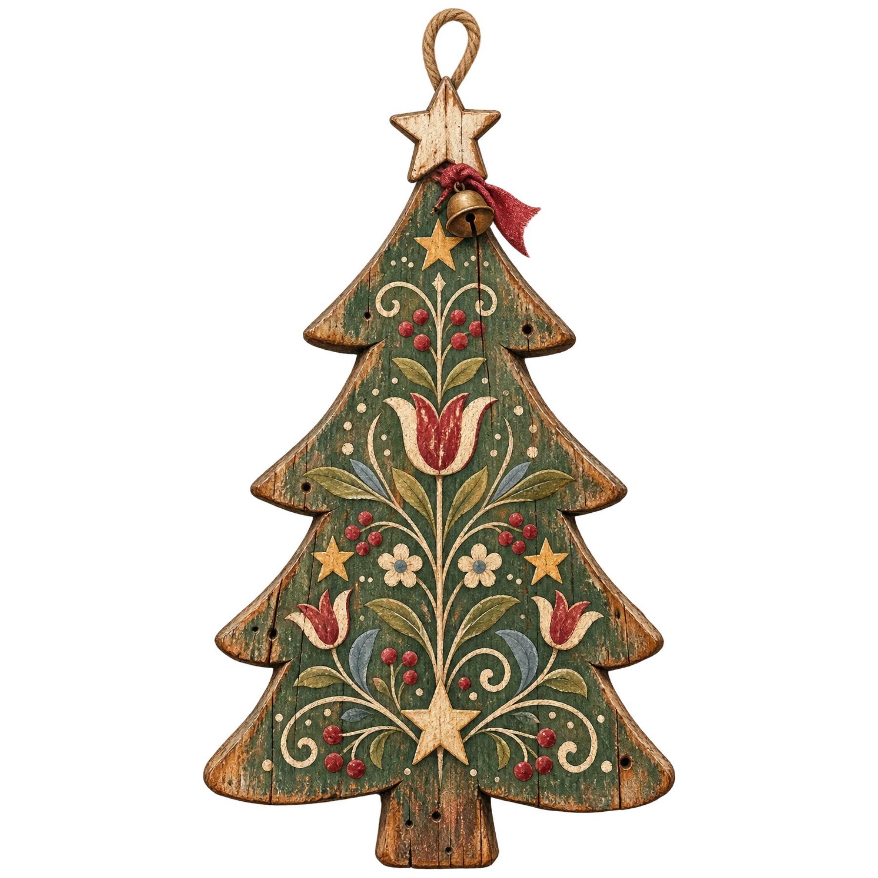 Primitive folk wood Christmas tree ornament with hand-painted floral motifs, distressed finish, and vintage holiday charm