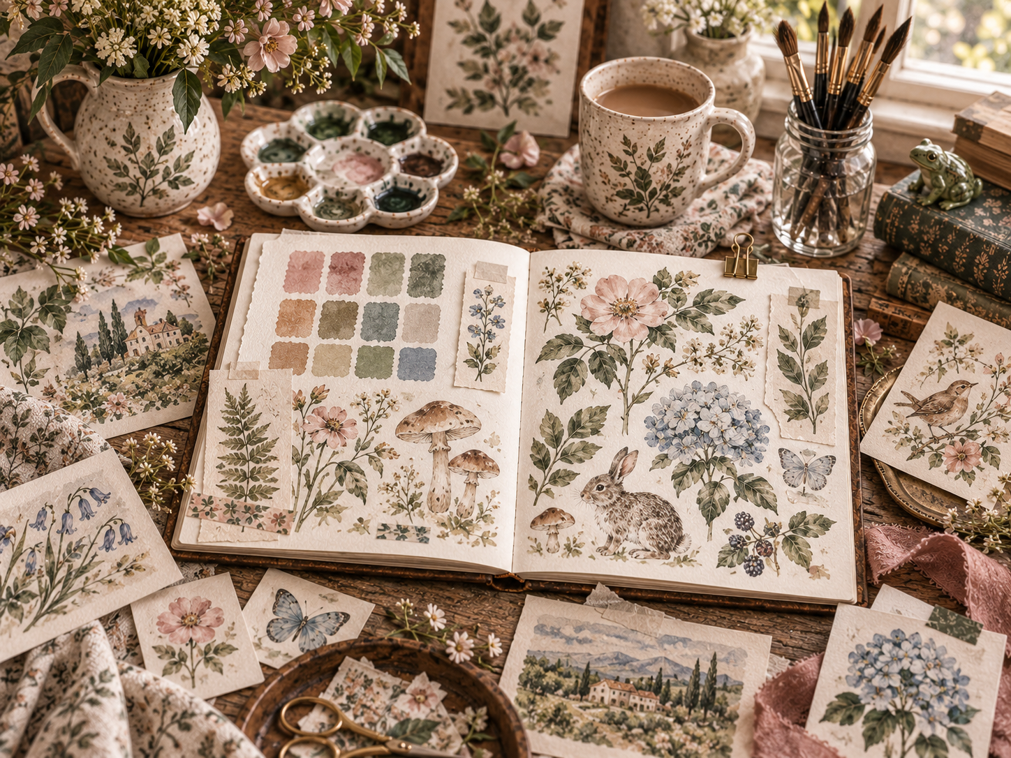 sketchbook, color swatches, reference artwork, brushes, and several coordinated pieces beginning to form a collection.