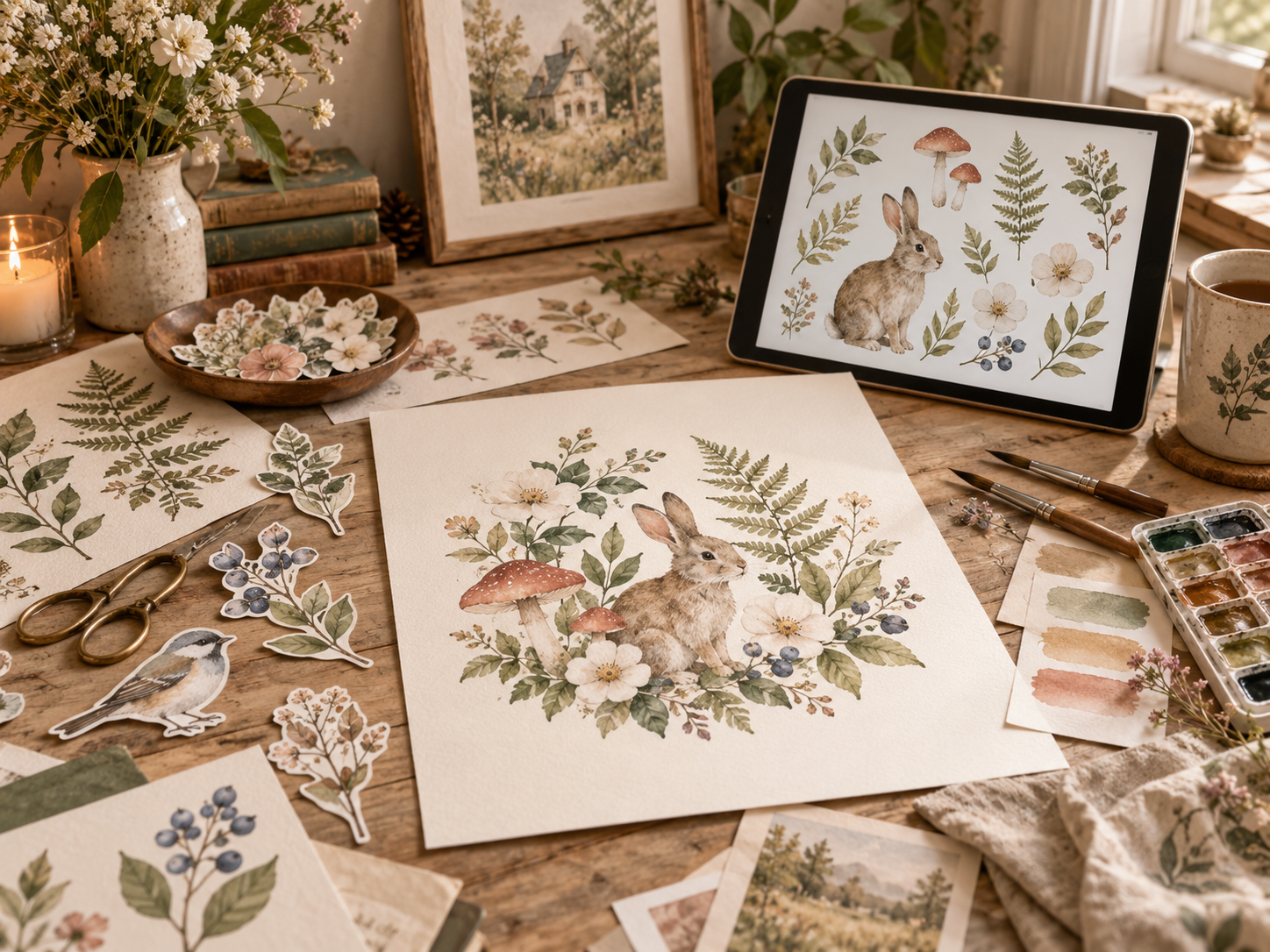 Creative flat-lay with watercolor clipart, journal pages, scissors, ribbon, flowers, and craft supplies on a cottage-style workspace.