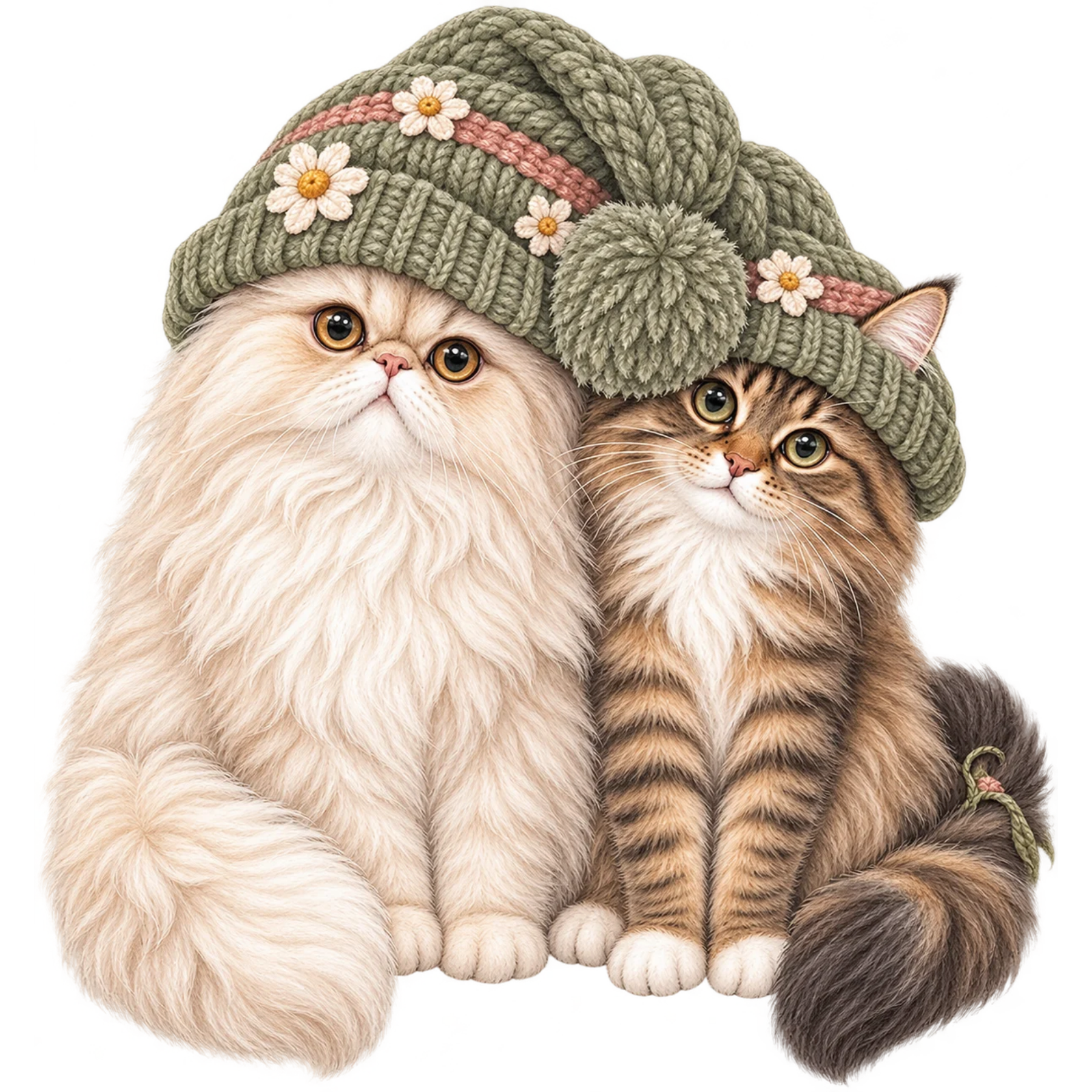 Two whimsical watercolor cats wearing cozy knitted hats in the Cats & Friends collection.