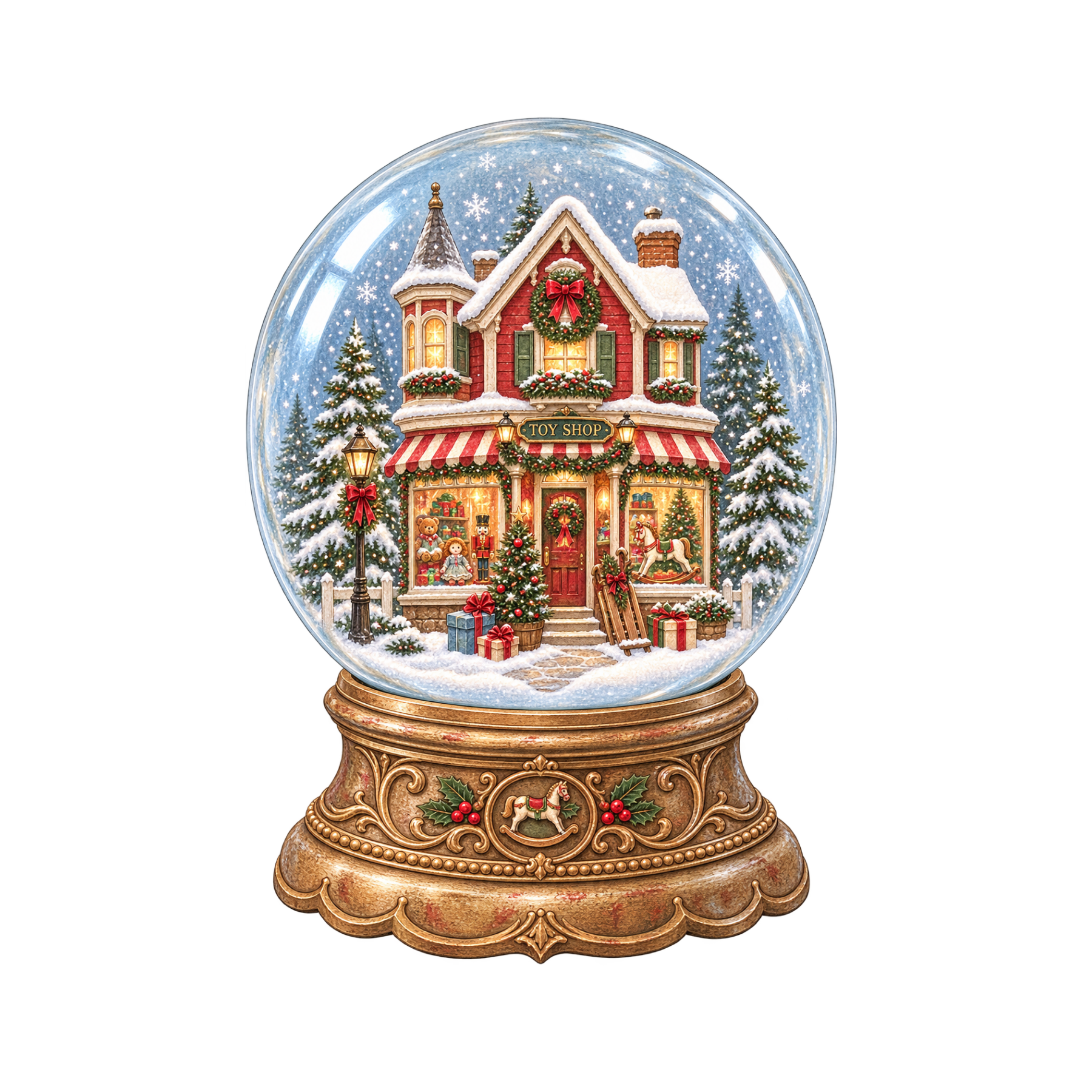 Snow Globes: Vintage watercolor Christmas snow globe with a decorated tree, cozy winter scene, and ornate base