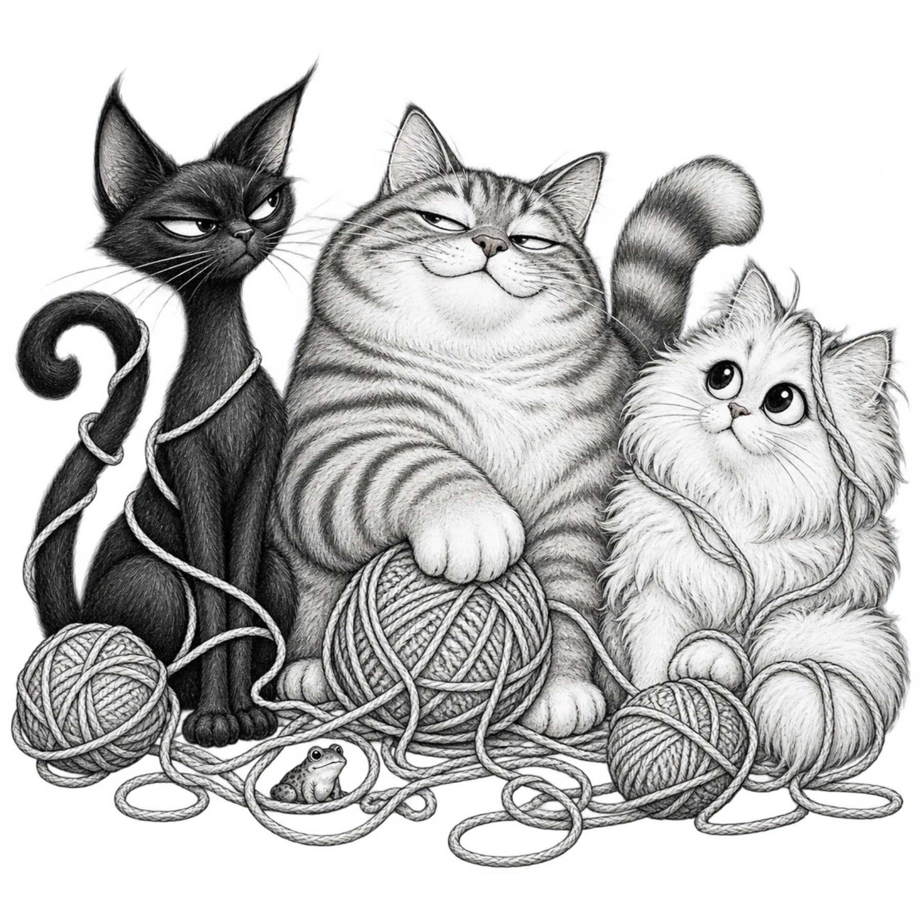 Black and white hand-drawn silly cats playing with tangled yarn in a whimsical storybook style.