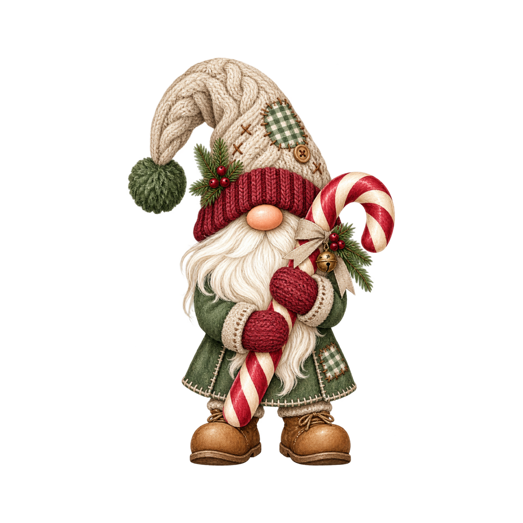 Cozy watercolor Christmas gnome holding a candy cane with patchwork hat, knit textures, and festive greenery