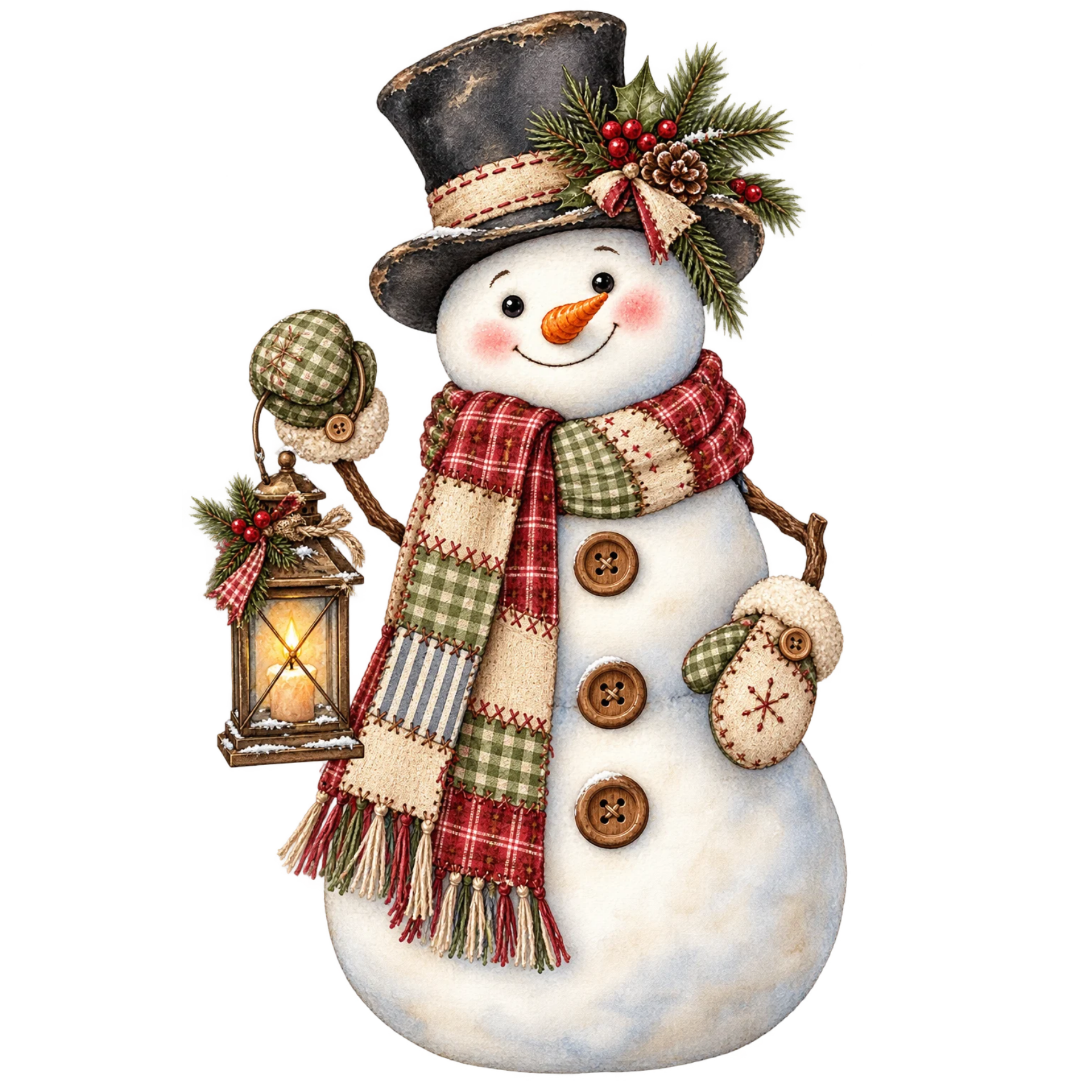 Whimsical watercolor Christmas snowman with vintage winter accessories, festive greenery, berries, and cozy holiday details