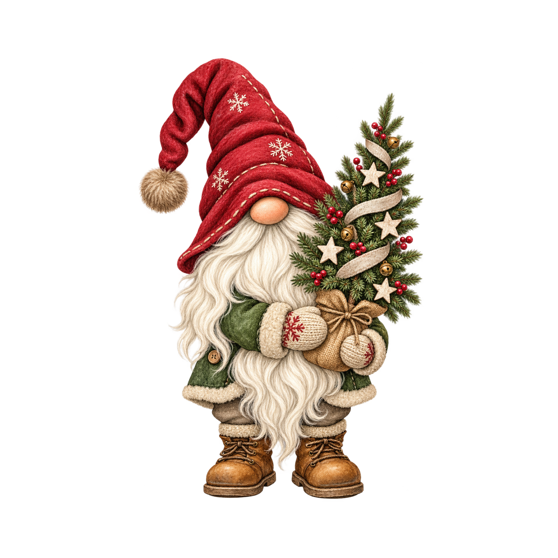 Rustic watercolor Christmas gnome holding a small decorated tree with cozy vintage holiday details