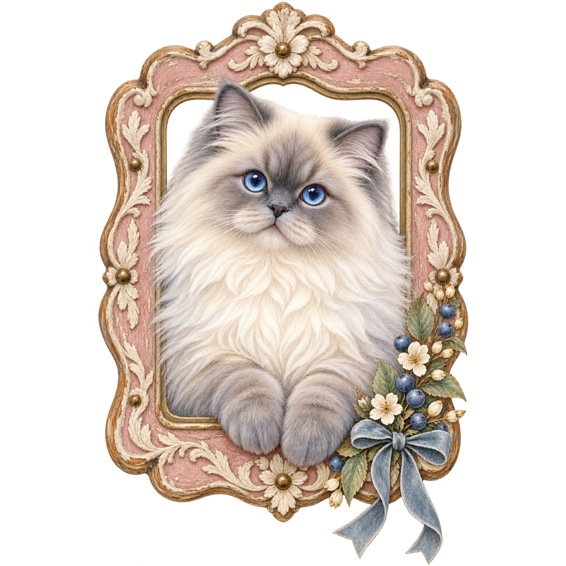 Fluffy cream cat with blue eyes inside an ornate vintage floral frame with ribbon accents.