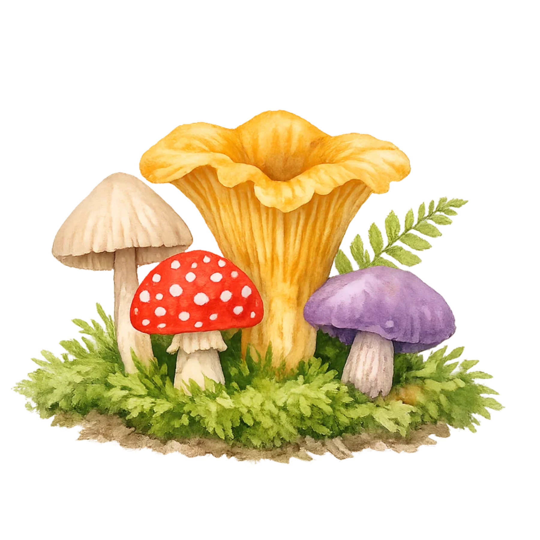 Whimsical watercolor mushroom clipart collection featuring colorful woodland fungi and forest elements by Frog Punk Studio