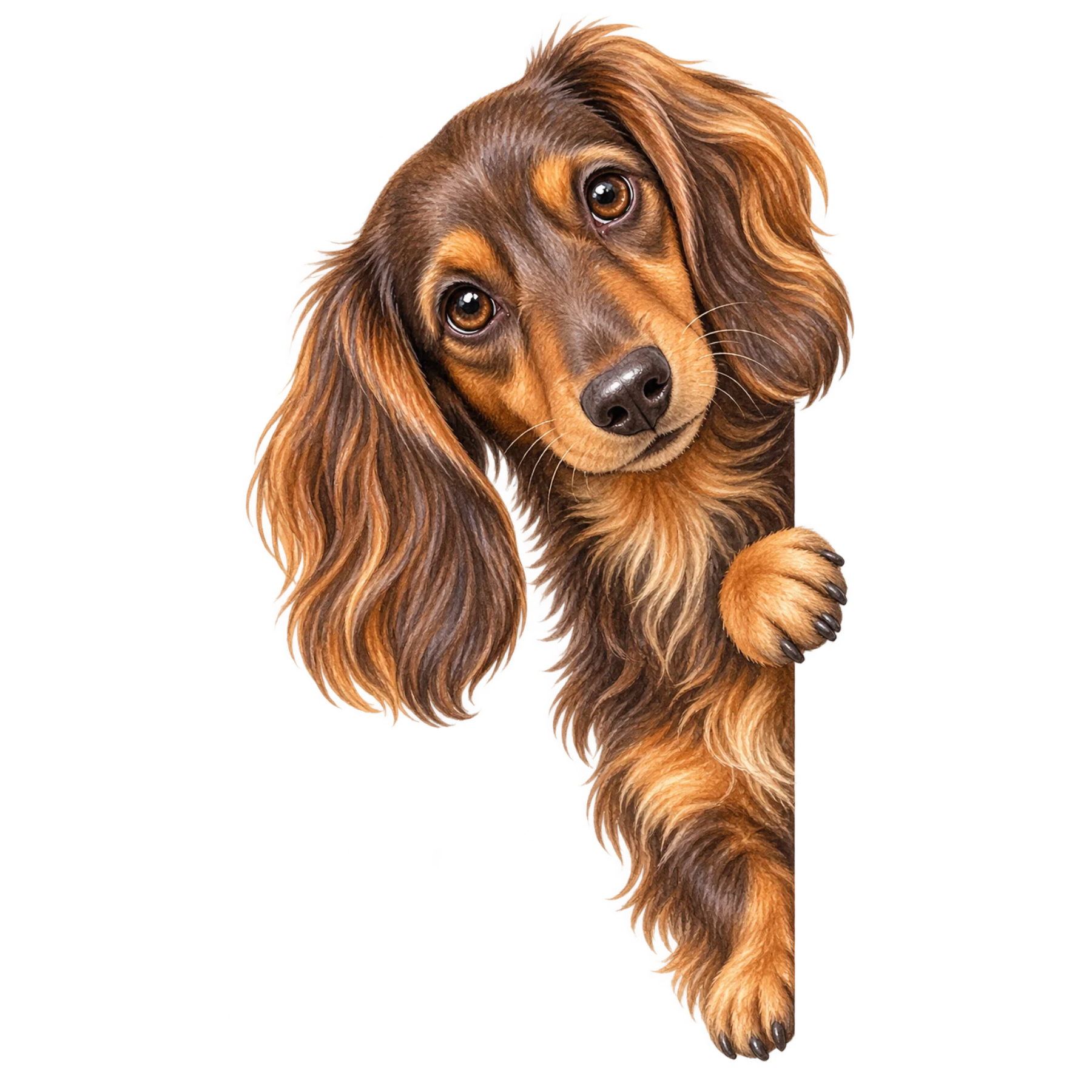 Long-haired brown dachshund peeking around a corner in detailed watercolor style.