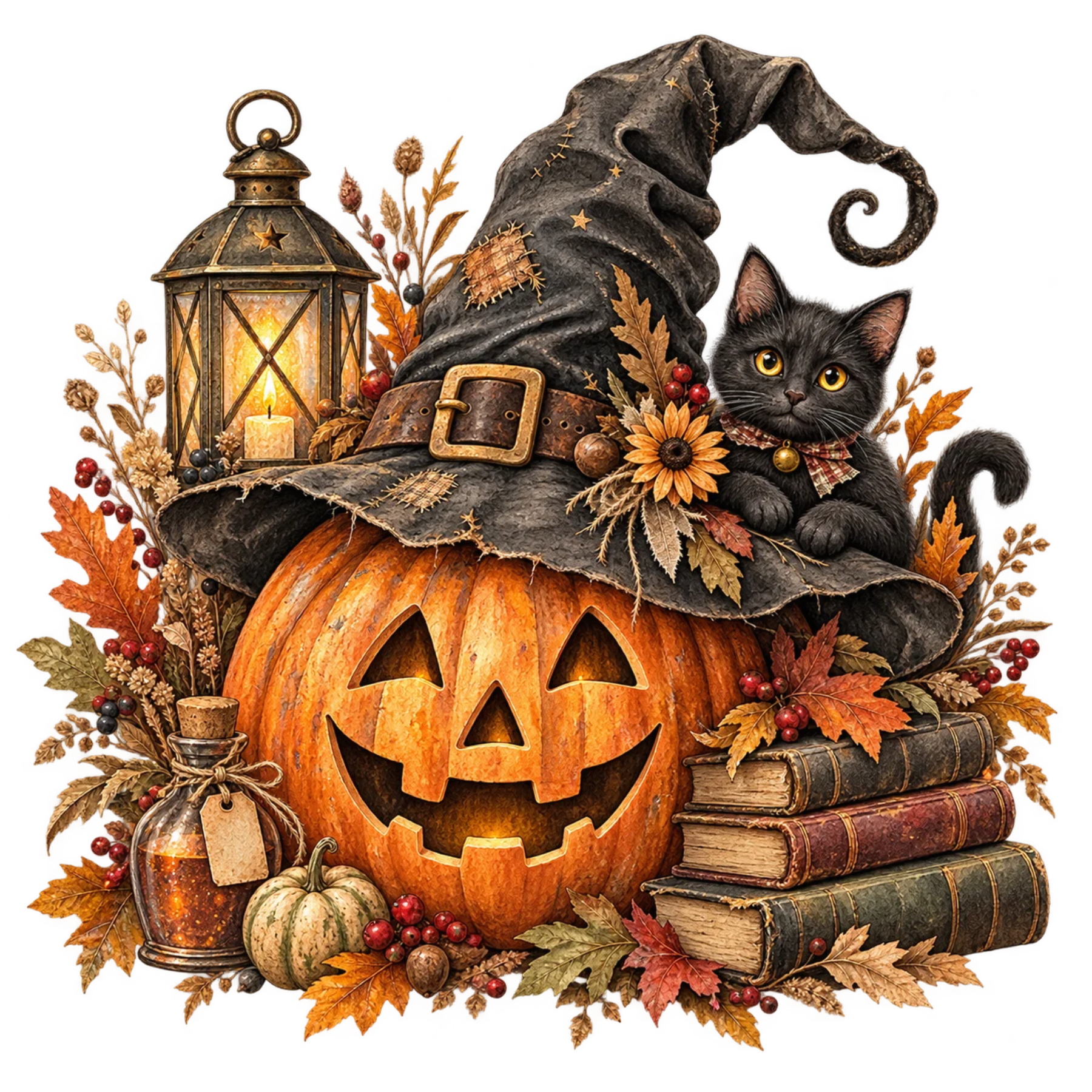 Vintage watercolor black cat with pumpkin, witch hat, lantern, autumn leaves, and cozy Halloween details