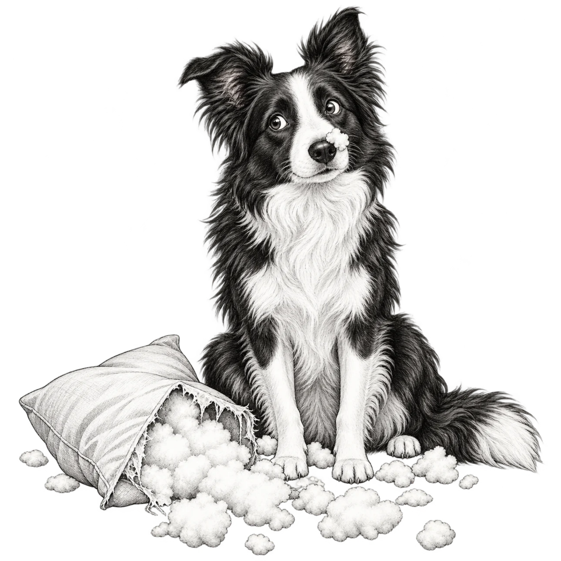 Black and white hand-drawn Border Collie sitting beside the stuffing from a destroyed pillow.
