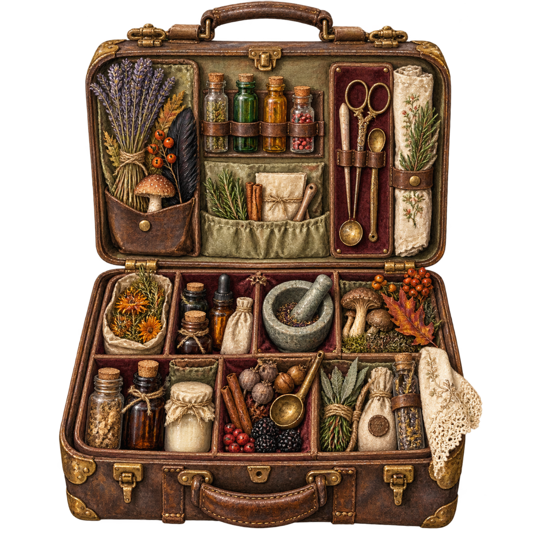 Vintage watercolor apothecary case filled with bottles, herbs, botanical ingredients, antique tools, and Halloween details