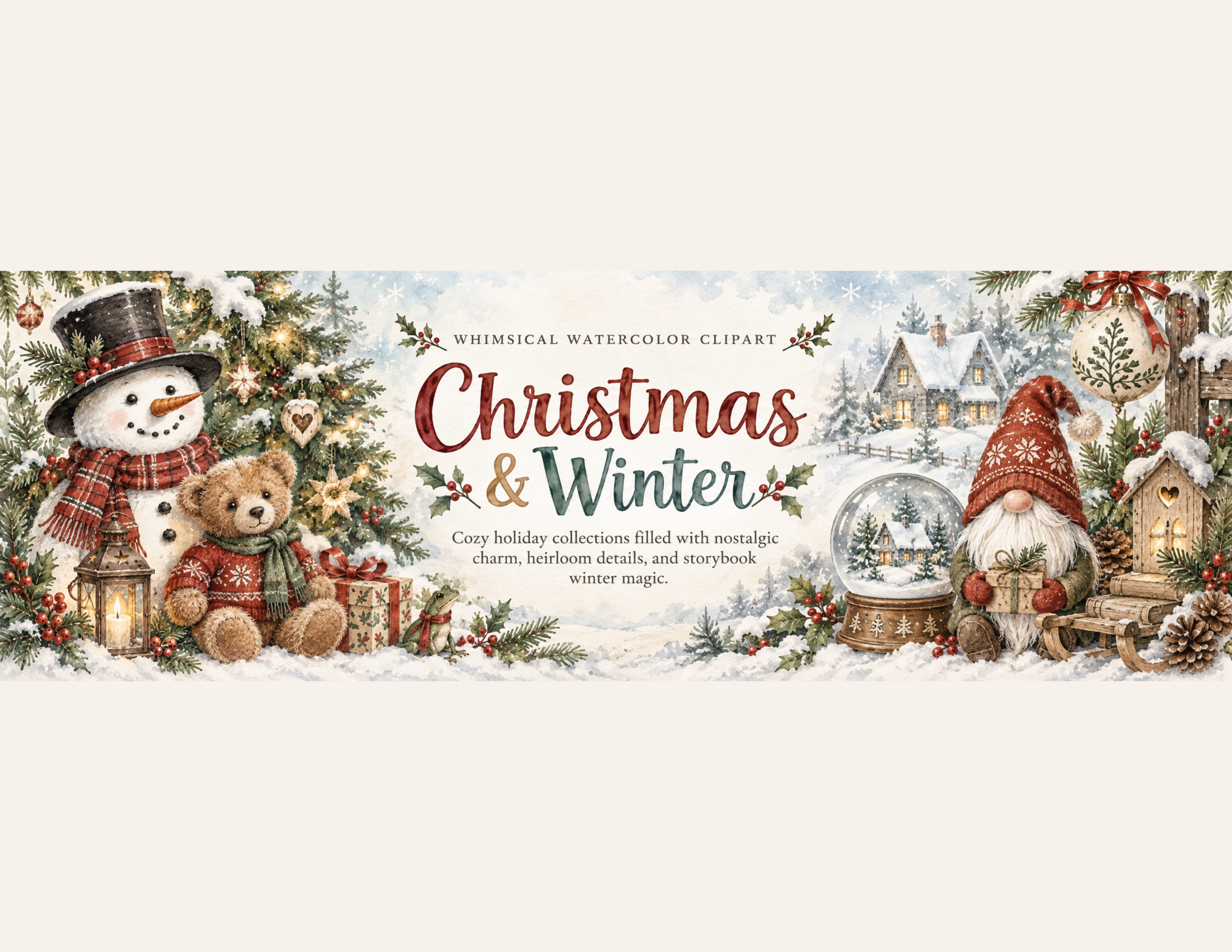 Whimsical watercolor Christmas and winter scene with snowy cottage, decorated tree, lanterns, evergreen branches, and cozy seasonal details