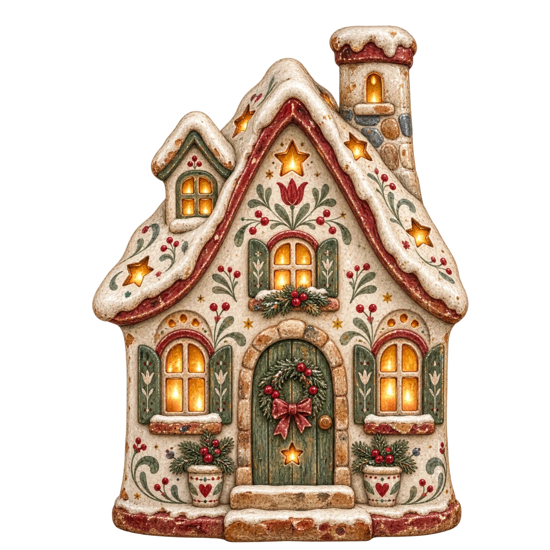 Hand-painted folk pottery Christmas cottage with ceramic details, warm glowing windows, greenery, and vintage holiday charm