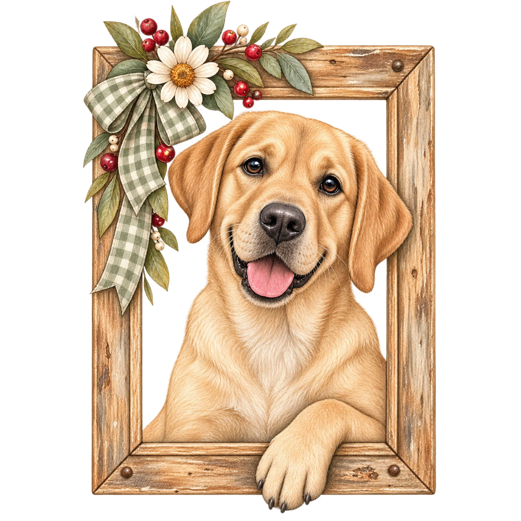 Golden Labrador Retriever peeking through a rustic wooden frame decorated with flowers and ribbon.