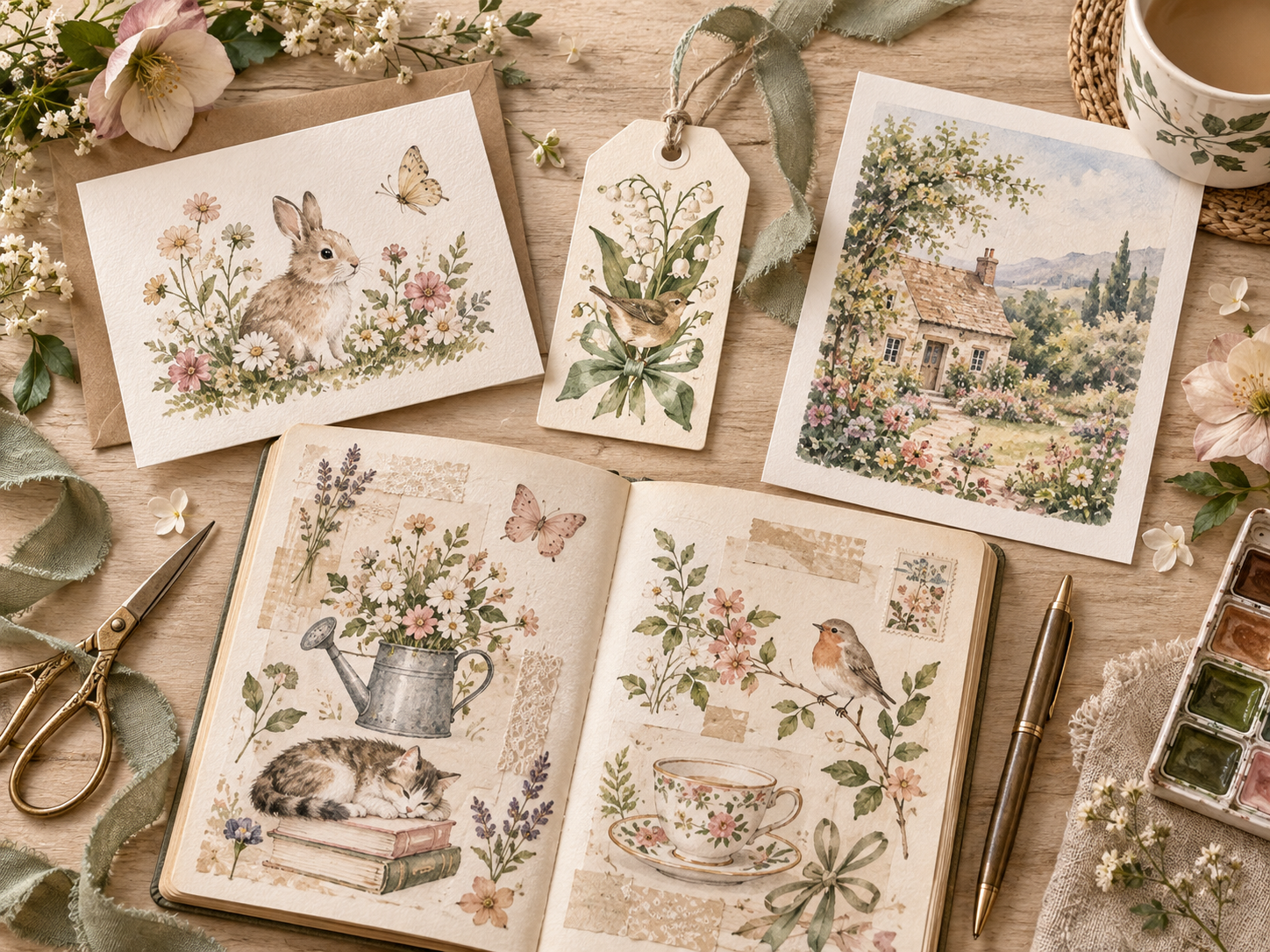 Flat-lay of watercolor clipart used in several creative projects, including a greeting card, gift tag, journal spread, and printable art on a cottage-style workspace.